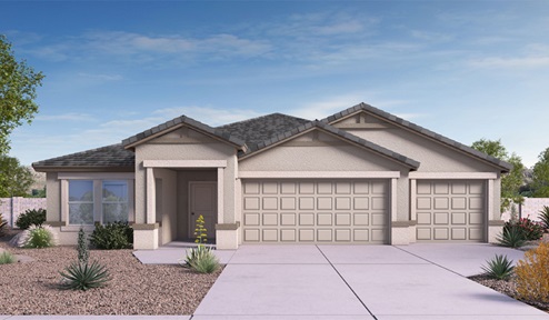 Elevation option C of the Eureka floor plan is a spacious single-story new home situated in the Agave neighborhood at Saguaro Bloom, offering 2,168 square feet of well-planned living space that perfectly suits a variety of lifestyles. This home features five bedrooms and three full bathrooms making it an ideal choice for families and those needing room to grow. As you step into the front porch and through the front door, you're greeted by the open layout with a seamless flow between the living, dining, and kitchen area, ensuring that every part of the home feels connected. The kitchen, equipped with a central island, granite countertops, and your choice of white or gray Shaker-style cabinets, is designed for both functionality and style. A walk-in pantry provides additional storage, making it easy to keep everything organized. The Eureka's five bedrooms are thoughtfully arranged to provide both privacy and convenience. The primary suite is tucked away at the rear of the home, offering a private retreat with a walk-in closet and an en-suite bathroom complete with an optional dual sink vanity. The additional bedrooms are strategically placed near the front and center of the home, each with access to a full bathroom, ensuring comfort for all family members or guests. The large great room serves as the central gathering space, perfect for family activities or entertaining guests. Adjacent to the great room is a covered patio, extending your living space outdoors and offering a perfect spot to enjoy the serene surroundings of Saguaro Bloom. Practical features like a dedicated utility room and a spacious three-car garage enhance the functionality of this home, while large windows ensure that natural light fills the space, creating a bright and inviting atmosphere. Located within the vibrant Saguaro Bloom community, residents of The Jerome can take advantage of a wide array of amenities, from resort-style pools to extensive walking trails. This home offers a unique opportunity to enjoy both comfort and community in one of Marana’s most sought-after neighborhoods.