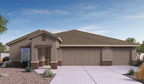 Elevation option A of the Garland floor plan is a spacious single-story new home situated in the Agave neighborhood at Saguaro Bloom, offering 2,273 square feet of well-planned living space that perfectly suits a variety of lifestyles. This home features four bedrooms and three full bathrooms making it an ideal choice for families and those needing room to grow. As you step into the front porch and through the front door, you're greeted by the open concept layout with a seamless flow between the living, dining, and kitchen area, ensuring that every part of the home feels connected. The kitchen, equipped with a central island, quartz countertops, and your choice of flat panel Shaker-style cabinet doors with multiple color options available. A walk-in pantry provides additional storage, making it easy to keep everything organized. The Garland's four bedrooms are thoughtfully arranged to provide both privacy and convenience. The primary suite is tucked away at the rear of the home, offering a private retreat with walk-in closets off the en-suite bathroom complete with an optional dual sink vanity. The additional bedrooms are strategically placed near the front and center of the home, each with access to a full bathroom, ensuring comfort for all family members or guests. The large great room serves as the central gathering space, perfect for family activities or entertaining guests. Adjacent to the great room is a covered patio, extending your living space outdoors and offering a perfect spot to enjoy the serene surroundings of Saguaro Bloom. Practical features like a dedicated utility room and a spacious three-car garage enhance the functionality of this home, while large windows ensure that natural light fills the space, creating a bright and inviting atmosphere. Located within the vibrant Saguaro Bloom community, residents of The Garland can take advantage of a wide array of amenities, from resort-style pools to extensive walking trails. This home offers a unique opportunity to enjoy both comfort and community in one of Marana’s most sought-after neighborhoods.