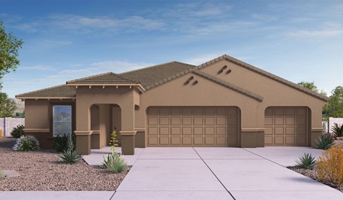 Elevation option B the Garland floor plan is a spacious single-story new home situated in the Agave neighborhood at Saguaro Bloom, offering 2,273 square feet of well-planned living space that perfectly suits a variety of lifestyles. This home features four bedrooms and three full bathrooms making it an ideal choice for families and those needing room to grow. As you step into the front porch and through the front door, you're greeted by the open concept layout with a seamless flow between the living, dining, and kitchen area, ensuring that every part of the home feels connected. The kitchen, equipped with a central island, quartz countertops, and your choice of flat panel Shaker-style cabinet doors with multiple color options available. A walk-in pantry provides additional storage, making it easy to keep everything organized. The Garland's four bedrooms are thoughtfully arranged to provide both privacy and convenience. The primary suite is tucked away at the rear of the home, offering a private retreat with walk-in closets off the en-suite bathroom complete with an optional dual sink vanity. The additional bedrooms are strategically placed near the front and center of the home, each with access to a full bathroom, ensuring comfort for all family members or guests. The large great room serves as the central gathering space, perfect for family activities or entertaining guests. Adjacent to the great room is a covered patio, extending your living space outdoors and offering a perfect spot to enjoy the serene surroundings of Saguaro Bloom. Practical features like a dedicated utility room and a spacious three-car garage enhance the functionality of this home, while large windows ensure that natural light fills the space, creating a bright and inviting atmosphere. Located within the vibrant Saguaro Bloom community, residents of The Garland can take advantage of a wide array of amenities, from resort-style pools to extensive walking trails. This home offers a unique opportunity to enjoy both comfort and community in one of Marana’s most sought-after neighborhoods.