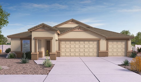 Elevation option C the Garland floor plan is a spacious single-story new home situated in the Agave neighborhood at Saguaro Bloom, offering 2,273 square feet of well-planned living space that perfectly suits a variety of lifestyles. This home features four bedrooms and three full bathrooms making it an ideal choice for families and those needing room to grow. As you step into the front porch and through the front door, you're greeted by the open concept layout with a seamless flow between the living, dining, and kitchen area, ensuring that every part of the home feels connected. The kitchen, equipped with a central island, quartz countertops, and your choice of flat panel Shaker-style cabinet doors with multiple color options available. A walk-in pantry provides additional storage, making it easy to keep everything organized. The Garland's four bedrooms are thoughtfully arranged to provide both privacy and convenience. The primary suite is tucked away at the rear of the home, offering a private retreat with walk-in closets off the en-suite bathroom complete with an optional dual sink vanity. The additional bedrooms are strategically placed near the front and center of the home, each with access to a full bathroom, ensuring comfort for all family members or guests. The large great room serves as the central gathering space, perfect for family activities or entertaining guests. Adjacent to the great room is a covered patio, extending your living space outdoors and offering a perfect spot to enjoy the serene surroundings of Saguaro Bloom. Practical features like a dedicated utility room and a spacious three-car garage enhance the functionality of this home, while large windows ensure that natural light fills the space, creating a bright and inviting atmosphere. Located within the vibrant Saguaro Bloom community, residents of The Garland can take advantage of a wide array of amenities, from resort-style pools to extensive walking trails. This home offers a unique opportunity to enjoy both comfort and community in one of Marana’s most sought-after neighborhoods.