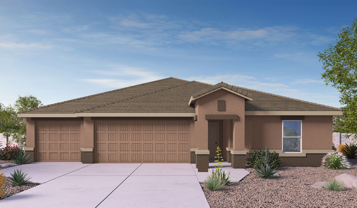 The Jerome floor plan is a spacious single-story new home situated in the Agave neighborhood at Saguaro Bloom, offering 2,444 square feet of well-planned living space that perfectly suits a variety of lifestyles. This home features five bedrooms, and three full bathrooms making it an ideal choice for families and those needing room to grow.  As you step into the front porch and through the front door, you're greeted by a welcoming foyer that leads you into the heart of the home. The open layout emphasizes a seamless flow between the living, dining, and kitchen areas, ensuring that every part of the home feels connected. The kitchen, equipped with a central island, Shaker-style cabinets, and is designed for both functionality and style. A walk-in pantry provides additional storage, making it easy to keep everything organized.  The Jerome's five bedrooms are thoughtfully arranged to provide both privacy and convenience. The primary suite is tucked away at the rear of the home, offering a private retreat with a walk-in closet and an en-suite bathroom complete with an optional dual sink vanity. The additional bedrooms are strategically placed near the front and center of the home, each with access to a full bathroom, ensuring comfort for all family members or guests.  The large great room serves as the central gathering space, perfect for family activities or entertaining guests. Adjacent to the great room is a covered patio, extending your living space outdoors and offering a perfect spot to enjoy the serene surroundings of Saguaro Bloom.  Practical features like a dedicated utility room and a spacious three-car garage enhance the functionality of this home, while large windows ensure that natural light fills the space, creating a bright and inviting atmosphere.  Located within the vibrant Saguaro Bloom community, residents of The Jerome can take advantage of a wide array of amenities, from resort-style pools to extensive walking trails. This home offers a unique opportunity to enjoy both comfort and community in one of Marana’s most sought-after neighborhoods.  *Images shown are for reference only. They depict The Jerome spec home and may not represent the actual home.