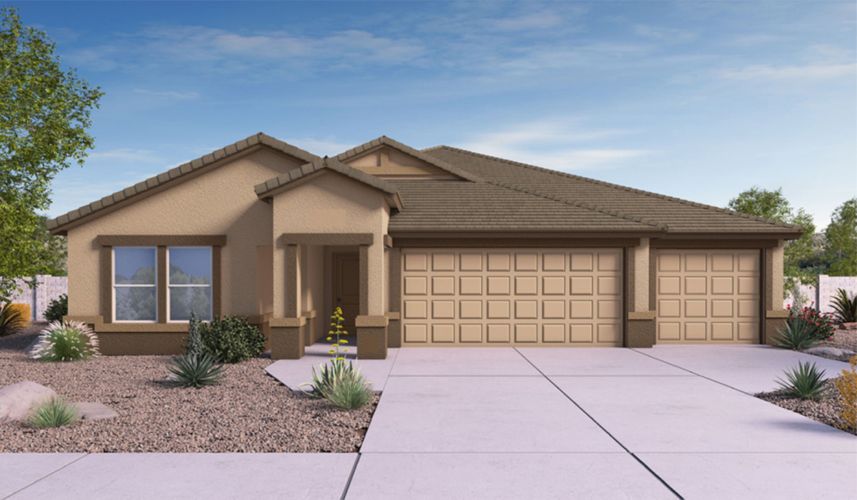 Elevation option C of the Jerome floor plan is a spacious single-story new home situated in the Agave neighborhood at Saguaro Bloom, offering 2,444 square feet of well-planned living space that perfectly suits a variety of lifestyles. This home features five bedrooms, and three full bathrooms making it an ideal choice for families and those needing room to grow. As you step into the front porch and through the front door, you're greeted by a welcoming foyer that leads you into the heart of the home. The open layout emphasizes a seamless flow between the living, dining, and kitchen areas, ensuring that every part of the home feels connected. The kitchen, equipped with a central island, granite countertops, and your choice of white or gray Shaker-style cabinets, is designed for both functionality and style. A walk-in pantry provides additional storage, making it easy to keep everything organized.  The Jerome's five bedrooms are thoughtfully arranged to provide both privacy and convenience. The primary suite is tucked away at the rear of the home, offering a private retreat with a walk-in closet and an en-suite bathroom complete with an optional dual sink vanity. The additional bedrooms are strategically placed near the front and center of the home, each with access to a full bathroom, ensuring comfort for all family members or guests.  The large great room serves as the central gathering space, perfect for family activities or entertaining guests. Adjacent to the great room is a covered patio, extending your living space outdoors and offering a perfect spot to enjoy the serene surroundings of Saguaro Bloom.  Practical features like a dedicated utility room and a spacious three-car garage enhance the functionality of this home, while large windows ensure that natural light fills the space, creating a bright and inviting atmosphere.  Located within the vibrant Saguaro Bloom community, residents of The Jerome can take advantage of a wide array of amenities, from resort-style pools to extensive walking trails. This home offers a unique opportunity to enjoy both comfort and community in one of Marana’s most sought-after neighborhoods.