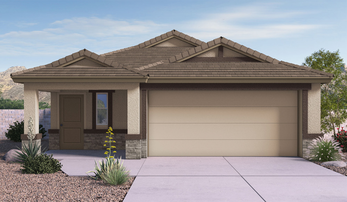 Elevation option C of The Caroline, the newest floor plan available at Saguaro Bloom by D.R. Horton in Marana, Arizona. This single-story new home is 1,536 square feet and is thoughtfully planned out throughout the living spaces. The Caroline offers three bedrooms and two bathrooms, making it ideal for families who value both space and convenience.  As you enter through the inviting covered porch, you’re greeted by a bright and airy entryway that flows into the heart of the home. The expansive great room, dining area, and kitchen are thoughtfully connected, creating an intimate space. The kitchen features a large island, quartz countertops, Shaker-style cabinetry, spacious pantry, and modern stainless-steel appliances ensure your kitchen is both functional and stylish.  The Caroline’s layout includes a generously sized primary bedroom, carefully positioned for privacy at the rear of the home. This room features a large walk-in closet and an en-suite bathroom. The additional two bedrooms are well-sized and located in separate areas of the home with easy access to the main full bathroom.  The covered patio, accessible from the great room, offers a perfect spot for outdoor living, where you can enjoy Arizona’s beautiful weather throughout the year. Designed with practicality in mind, this floorplan includes a two-car garage with an option for a third, a utility room with washer and dryer connections, and additional storage space.  The Caroline is designed with energy efficiency in mind. This DOE Zero Energy Ready Home offers a sustainable lifestyle with advanced features like tankless water heaters, energy-efficient LED lighting, and high-performance insulation, ensuring lower utility costs and a reduced environmental footprint.  Living in Saguaro Bloom provides residents with access to top-rated schools, community parks, scenic walking trails, and resort like amenities. This vibrant neighborhood is the perfect setting for those looking to enjoy the best of Arizona living.