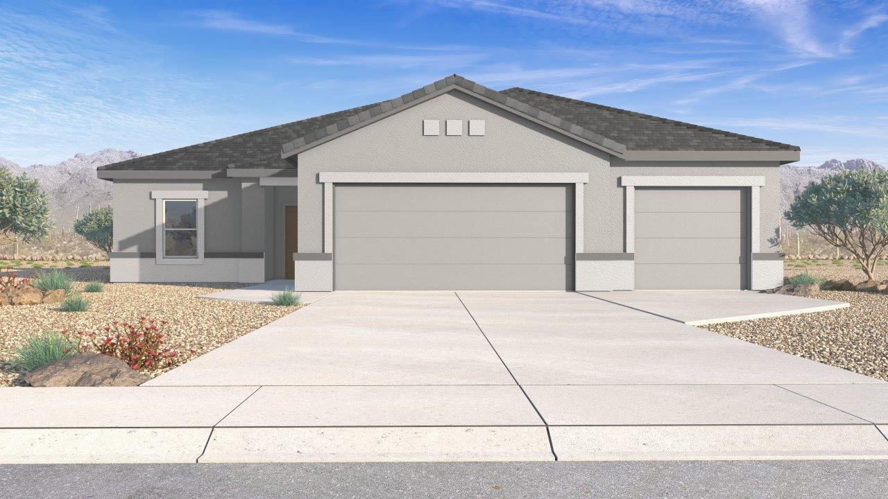 Welcome to The Madera, a beautifully expansive single-story new home nestled in the peaceful Sahuarita Acres community. With 2,131 square feet of thoughtfully arranged living space, this residence offers five bedrooms and three bathrooms, making it an exceptional choice for those who seek both comfort and versatility.  The journey through The Madera begins as you step onto the inviting front porch and enter through the welcoming foyer. The open layout immediately draws you into the spacious great room, where large windows allow natural light to fill the space, creating a warm and inviting atmosphere. The adjacent dining area flows seamlessly into the kitchen, which features a central island, quartz countertops, and 42” upper cabinets for ample storage. A walk-in pantry ensures that the kitchen remains both functional and stylish.  The Madera’s floor plan is designed with privacy in mind. The primary bedroom, located in a separate wing of the home, offers a large walk-in closet and an en-suite bathroom with dual sinks and a luxurious shower. On the opposite side of the home, four additional bedrooms are well-positioned to offer both privacy and easy access to the other two bathrooms, making this layout perfect for families or hosting guests.  One of the standout features of The Madera is its adaptability. The three-car garage and expansive near one-acre lots provide plenty of room for parking, storage, and outdoor activities, whether you envision creating a lush garden, installing a pool, or simply enjoying the vast open space.  For those who value modern conveniences, The Madera is equipped with D.R. Horton’s Home is Connected® Smart Home package, which includes a smart thermostat, video doorbell, keyless entry, a Wi-Fi-enabled garage door opener and more. Additionally, the home is built with energy efficiency in mind, featuring spray foam insulation and meeting DOE Zero Energy Ready Home standards, ensuring long-term savings and environmental benefits.  Located within the serene and spacious Sahuarita Acres community, residents of The Madera enjoy the perfect blend of small-town charm and modern amenities. With easy access to urban conveniences, excellent schools, and outdoor recreation opportunities, The Madera offers a lifestyle that embraces the essence of Arizona living.