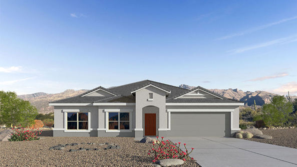 Introducing The Citrine, the crown jewel and largest floorplan within the Tortolita Trails community, located in the scenic Dove Mountain area of Marana, Arizona. Spanning 2,577 square feet, this impressive single-story new home offers a blend of space, style, and contemporary convenience, perfect for families seeking room to grow and entertain.  As you step through the welcoming entryway, you’re immediately drawn into the expansive great room, which flows comfortably into the dining area and kitchen. This open layout creates a warm and inviting atmosphere, ideal for both casual family dinners and larger gatherings. The kitchen is a chef's delight, complete with a spacious island, high-end quartz countertops, and ample storage within the 42” shaker-style cabinets. Adjacent to the kitchen, a cozy nook provides the perfect spot for morning coffee while enjoying views of the backyard.  The Citrine boasts five well-appointed bedrooms, providing flexibility for various lifestyle needs. The primary bedroom is situated at the rear of the home for added privacy, featuring a generous walk-in closet and a luxurious en-suite bathroom with dual sinks and a tiled shower. The additional four bedrooms are thoughtfully distributed throughout the home, offering comfort and convenience for guests or family members.  Outdoor living is a key feature of The Citrine, with a covered patio that extends the living space into the backyard, perfect for al fresco dining or simply relaxing in the shade. The two-car garage not only provides ample space for vehicles but also includes additional storage options to keep your home organized.  Energy efficiency and modern technology are at the forefront of The Citrine’s design. The home is equipped with tankless water heaters, energy-efficient LED lighting, and advanced spray foam insulation, all meeting the stringent DOE Zero Energy Ready Home standards. A Home is Connected® Smart Home package further enhances everyday living, with features like a smart thermostat, video doorbell, keyless entry, a Wi-Fi-enabled garage door opener and more.   As the largest floorplan within Tortolita Trails, The Citrine stands out not only for its size but also for its intentional layout and premium finishes. This home offers an unparalleled living experience in a community that embraces both elegance and a deep connection to nature. With easy access to outdoor activities, top-rated schools, and upscale amenities, The Citrine provides the perfect blend of comfort, style, and convenience in one of Arizona's most desirable neighborhoods.