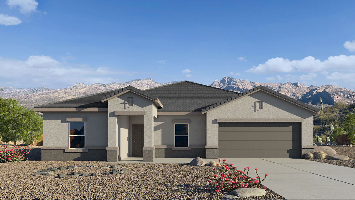 Welcome to The Frisco, a distinctive residence in Tortolita Trails, Marana, Arizona. This 2,094-square-foot new home is designed with modern living in mind, offering four bedrooms and two bathrooms in a layout that prioritizes both comfort and style.  As you step inside, you’ll be greeted by a spacious great room that flows naturally into the dining area and kitchen. This open-concept design is perfect for everyday living and hosting gatherings. The kitchen, featuring a large island and a generous pantry, provides plenty of space for cooking and storage, while the adjacent nook is ideal for casual meals.  The primary bedroom serves as a peaceful getaway, complete with a large walk-in closet and a private bathroom that includes dual sinks and a roomy shower. The additional three bedrooms offer flexibility and are well-sized, making them suitable for a home office, guest room, or playroom.  In addition to the thoughtfully designed interiors, The Frisco offers exterior features that enhance its appeal. The covered patio provides a perfect spot for outdoor dining or relaxing, while the front porch welcomes guests with a charming entrance. The two-car garage offers ample space for vehicles and storage, ensuring that both practicality and convenience are at the forefront of this home’s design.  This home includes a range of premium features such as quartz countertops, durable 42” cabinets, and elegant wood-style tile flooring throughout the main living areas. Built with energy efficiency in mind, it boasts energy-saving LED lighting, advanced insulation, and a modern kitchen sink equipped with a water filtration system and a soft water loop.  Located within the serene community of Tortolita Trails, The Frisco is surrounded by natural beauty and offers easy access to various outdoor activities, including hiking and biking trails. With close proximity to top-rated schools, shopping, dining, and entertainment, The Frisco provides an ideal blend of comfort, style, and convenience.