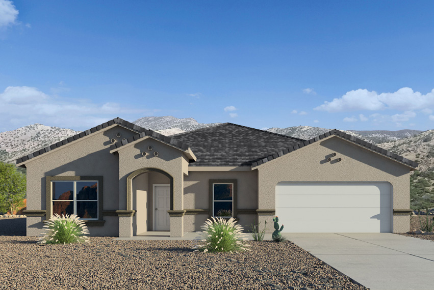 Welcome to The Frisco, a distinctive residence in Tortolita Trails, Marana, Arizona. This 2,094-square-foot new home is designed with modern living in mind, offering four bedrooms and two bathrooms in a layout that prioritizes both comfort and style.  As you step inside, you’ll be greeted by a spacious great room that flows naturally into the dining area and kitchen. This open-concept design is perfect for everyday living and hosting gatherings. The kitchen, featuring a large island and a generous pantry, provides plenty of space for cooking and storage, while the adjacent nook is ideal for casual meals.  The primary bedroom serves as a peaceful getaway, complete with a large walk-in closet and a private bathroom that includes dual sinks and a roomy shower. The additional three bedrooms offer flexibility and are well-sized, making them suitable for a home office, guest room, or playroom.  In addition to the thoughtfully designed interiors, The Frisco offers exterior features that enhance its appeal. The covered patio provides a perfect spot for outdoor dining or relaxing, while the front porch welcomes guests with a charming entrance. The two-car garage offers ample space for vehicles and storage, ensuring that both practicality and convenience are at the forefront of this home’s design.  This home includes a range of premium features such as quartz countertops, durable 42” cabinets, and elegant wood-style tile flooring throughout the main living areas. Built with energy efficiency in mind, it boasts energy-saving LED lighting, advanced insulation, and a modern kitchen sink equipped with a water filtration system and a soft water loop.  Located within the serene community of Tortolita Trails, The Frisco is surrounded by natural beauty and offers easy access to various outdoor activities, including hiking and biking trails. With close proximity to top-rated schools, shopping, dining, and entertainment, The Frisco provides an ideal blend of comfort, style, and convenience.