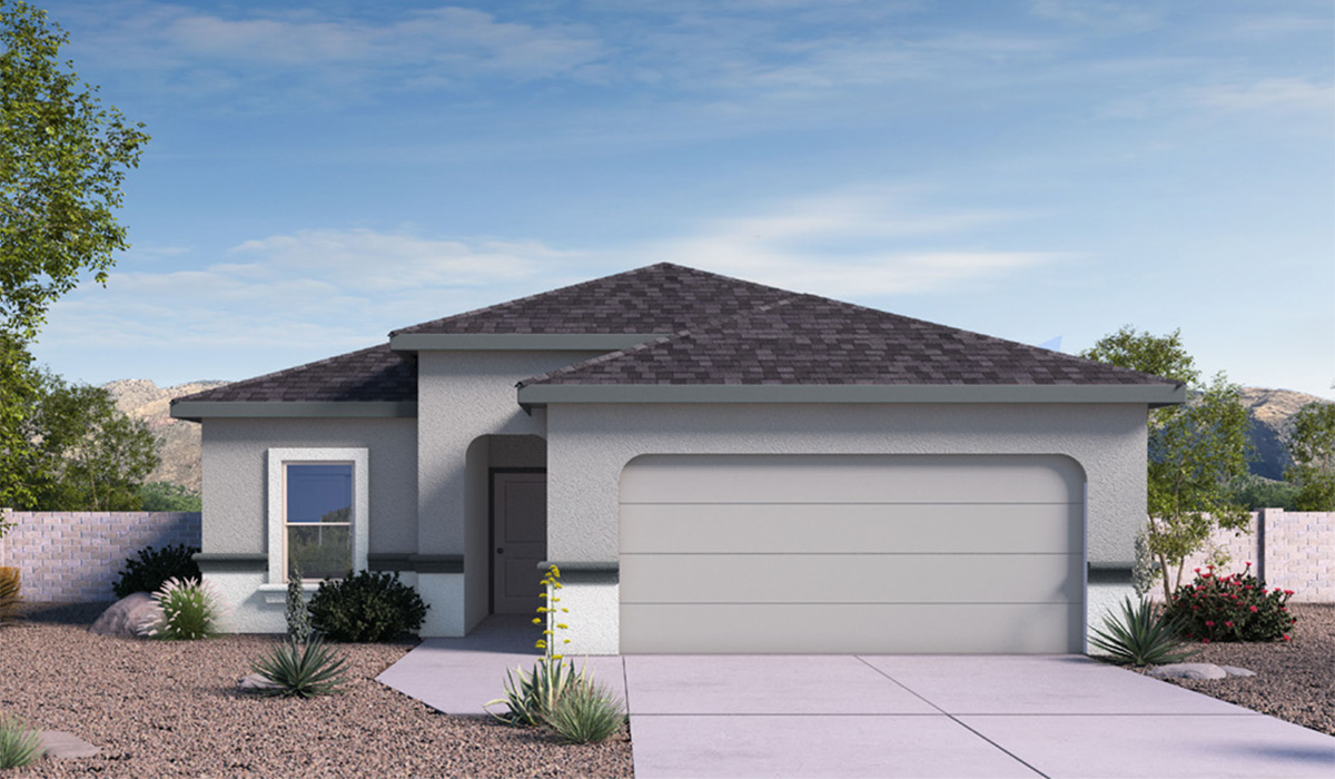 Elevation option B of the Baxter floor plan within Sycamore Vista, The Baxter offers a blend of comfort and convenience, making it a perfect fit for modern living. Spanning 1,423 square feet, this thoughtfully crafted single-story home features three bedrooms, two bathrooms, and a flexible 2-3 car garage, all within the picturesque foothills of the Santa Rita Mountains.  As you step onto the welcoming front porch and enter through the foyer, you’re greeted by a spacious and open floor plan that flows effortlessly into the heart of the home. The great room is designed for both relaxation and socializing, seamlessly connecting to the dining area and kitchen. The kitchen is a culinary enthusiast's dream, featuring sleek granite countertops, a central island, and Shaker-style cabinetry, all designed to offer ample storage and a stylish backdrop for your cooking adventures. The adjacent pantry ensures that all your essentials are within easy reach, making meal prep both efficient and enjoyable.  The primary bedroom, located at the rear of the home for enhanced privacy, serves as a peaceful retreat. It includes a spacious walk-in closet and an en-suite bathroom equipped with dual vanities and a luxurious shower. The two additional bedrooms are thoughtfully positioned near the front of the home, sharing a full bathroom, making it ideal for families or guests.  Outdoor living is a key feature of The Baxter, with a covered patio that extends from the dining area, offering the perfect space to enjoy Tucson’s stunning sunsets or host a weekend barbecue. The 2-3 car garage provides ample space for vehicles, storage, or even a small workshop, catering to various needs.  Living in Sycamore Vista means you’re part of a community that values both convenience and quality of life. Each home in this community comes with beautifully landscaped front yards, equipped with auto drip irrigation systems and soft water loops, enhancing the beauty and functionality of your outdoor space. Additionally, Sycamore Vista homes are energy-efficient, featuring DOE Zero Energy Ready standards, including spray foam insulation, tankless water heaters, and LED lighting throughout, ensuring lower energy costs and a reduced environmental footprint.  The community’s higher elevation not only offers cooler summer temperatures but also less light pollution, making it a perfect spot for stargazing. Sycamore Vista is ideally located near top-rated schools in the Vail School District, including Sycamore Elementary and Corona Foothills Middle School, making it an ideal choice for families.  Beyond the tranquility of home, outdoor enthusiasts will appreciate the proximity to local state and national parks, including Coronado National Forest and Colossal Cave Mountain Park, offering endless opportunities for hiking, biking, and exploring Arizona’s natural beauty. The community’s location also provides easy access to shopping, dining, and major employers like the Target Distribution Center and the Amazon Fulfillment Center, ensuring that everything you need is within reach.  Experience the best of Arizona living at Sycamore Vista, where The Baxter offers the perfect blend of modern amenities, quality craftsmanship, and the natural beauty of the Santa Rita Mountains, creating a place you’ll be proud to call home.