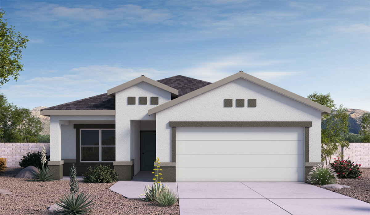 Elevation option C of the Baxter floor plan within Sycamore Vista, The Baxter offers a blend of comfort and convenience, making it a perfect fit for modern living. Spanning 1,423 square feet, this thoughtfully crafted single-story home features three bedrooms, two bathrooms, and a flexible 2-3 car garage, all within the picturesque foothills of the Santa Rita Mountains.  As you step onto the welcoming front porch and enter through the foyer, you’re greeted by a spacious and open floor plan that flows effortlessly into the heart of the home. The great room is designed for both relaxation and socializing, seamlessly connecting to the dining area and kitchen. The kitchen is a culinary enthusiast's dream, featuring sleek granite countertops, a central island, and Shaker-style cabinetry, all designed to offer ample storage and a stylish backdrop for your cooking adventures. The adjacent pantry ensures that all your essentials are within easy reach, making meal prep both efficient and enjoyable.  The primary bedroom, located at the rear of the home for enhanced privacy, serves as a peaceful retreat. It includes a spacious walk-in closet and an en-suite bathroom equipped with dual vanities and a luxurious shower. The two additional bedrooms are thoughtfully positioned near the front of the home, sharing a full bathroom, making it ideal for families or guests.  Outdoor living is a key feature of The Baxter, with a covered patio that extends from the dining area, offering the perfect space to enjoy Tucson’s stunning sunsets or host a weekend barbecue. The 2-3 car garage provides ample space for vehicles, storage, or even a small workshop, catering to various needs.  Living in Sycamore Vista means you’re part of a community that values both convenience and quality of life. Each home in this community comes with beautifully landscaped front yards, equipped with auto drip irrigation systems and soft water loops, enhancing the beauty and functionality of your outdoor space. Additionally, Sycamore Vista homes are energy-efficient, featuring DOE Zero Energy Ready standards, including spray foam insulation, tankless water heaters, and LED lighting throughout, ensuring lower energy costs and a reduced environmental footprint.  The community’s higher elevation not only offers cooler summer temperatures but also less light pollution, making it a perfect spot for stargazing. Sycamore Vista is ideally located near top-rated schools in the Vail School District, including Sycamore Elementary and Corona Foothills Middle School, making it an ideal choice for families.  Beyond the tranquility of home, outdoor enthusiasts will appreciate the proximity to local state and national parks, including Coronado National Forest and Colossal Cave Mountain Park, offering endless opportunities for hiking, biking, and exploring Arizona’s natural beauty. The community’s location also provides easy access to shopping, dining, and major employers like the Target Distribution Center and the Amazon Fulfillment Center, ensuring that everything you need is within reach.  Experience the best of Arizona living at Sycamore Vista, where The Baxter offers the perfect blend of modern amenities, quality craftsmanship, and the natural beauty of the Santa Rita Mountains, creating a place you’ll be proud to call home.