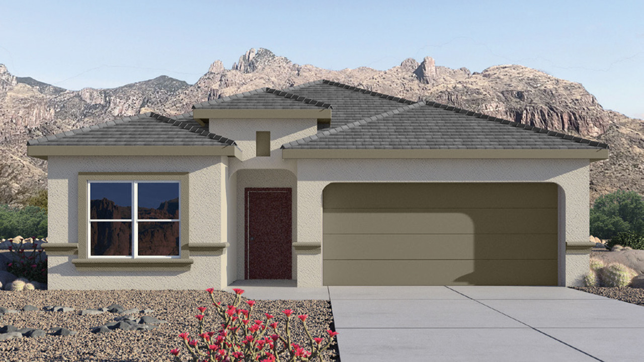 Elevation option B of The Gaven at Casas del Cerrito in Tucson, Arizona – a spacious 1,815 sq. ft. single-story new home that combines modern living with the beauty of the surrounding desert landscape  As you step through the welcoming front porch, the entryway guides you into a generous great room. This open and inviting space is perfect for gatherings, effortlessly flowing into the dining area and kitchen, making it ideal for both daily living and entertaining.  The kitchen serves as the centerpiece of the home, boasting polished granite countertops, a sizable island with a breakfast bar, modern appliances, and a pantry that provides ample storage for all your culinary needs. The layout ensures that the kitchen, dining area, and great room are interconnected, fostering a sense of togetherness.  Step outside to the covered patio, where you can take in the stunning mountain views and enjoy Tucson’s warm climate. Whether you’re planning an outdoor meal or simply enjoying the fresh air, this space extends your living area and enhances your outdoor experience.  At the rear of the home, you'll find the master suite – your private sanctuary. The master bedroom offers a spacious setting, complemented by a large walk-in closet and an en-suite bathroom featuring dual vanities and a walk-in shower, creating a space where comfort meets practicality.  The Gaven also includes three additional bedrooms, each designed with plenty of space and natural light. These rooms are conveniently located near a second full bathroom, making it easy to accommodate family members and guests.  To enhance everyday living, the home includes a utility room and direct access to a two-car garage, designed to make household tasks more manageable.  Designed with energy efficiency in mind, The Gaven at Casas del Cerrito is a DOE Zero Energy Ready Home, offering sustainability, comfort, and long-term savings.