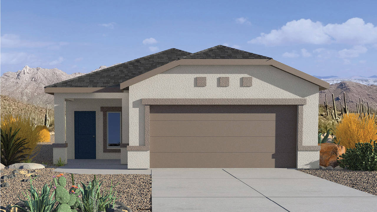 Welcome to the Amber floor plan, a beautifully designed single-story new home featuring three bedrooms and two bathrooms located in the vibrant Senita Crossing community. Spanning 1,331 square feet, this home is the perfect balance of style and comfort in a modern layout.  As you enter through the front porch, you step into an open-concept floor plan that immediately draws you into the heart of the home. The spacious great room seamlessly connects to the dining area and kitchen area. The kitchen features a central island, quartz countertops, and Shaker-style cabinetry.  The primary bedroom is thoughtfully positioned at the rear of the home, offering privacy and comfort. The primary suite features a large walk-in closet and an en-suite bathroom. The additional two bedrooms are located toward the front of the home, sharing a full bathroom, making this layout perfect for families or guests.  One of the standout features of The Amber is its outdoor living space. The covered patio extends from the great room, providing a perfect spot to enjoy Tucson’s beautiful weather year-round.  Senita Crossing is a community where convenience meets comfort. With its location on Tucson’s thriving southeast side, residents of this community enjoy easy access to I-10, Davis-Monthan Air Force Base, and major employers like Raytheon.  Energy efficiency is at the core of The Amber’s design, with features like tankless water heaters, LED lighting, and advanced spray foam insulation, all contributing to lower energy costs and a smaller carbon footprint.  The Amber at Senita Crossing isn’t just a home; it’s a lifestyle designed to meet the needs of today’s busy families. Experience all that this vibrant community has to offer and make The Amber your new home today.  *Images shown are for reference only. They depict the sales model home and may not represent the actual home.