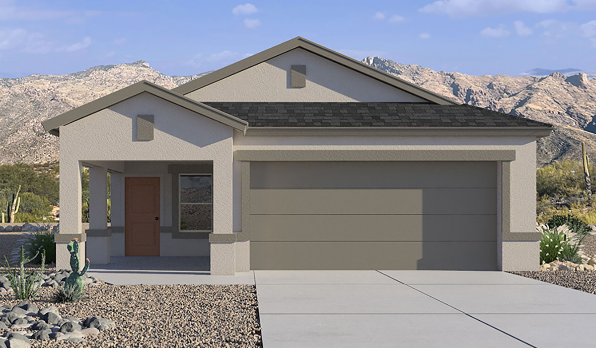 Welcome to The Amber at Blackhawk in Tucson, Arizona – a charming 1,331 sq. ft. single-story new home designed to offer both comfort and style in a prime location.  As you step through the front porch, you're greeted by an inviting entryway that opens up into a beautifully designed living space. The great room serves as the heart of the home, providing a spacious area for relaxing, entertaining, or enjoying family time. This open-concept design flows seamlessly into the dining area and kitchen.  The kitchen is a true centerpiece, featuring elegant quartz countertops, modern appliances, a pantry for ample storage, and a convenient breakfast bar. Whether you’re preparing a quick meal or hosting a dinner party, this kitchen is equipped to meet your needs with both style and functionality.  Just off the great room, you’ll find the primary bedroom – a private retreat designed for relaxation. The primary bedroom is generously sized and includes a walk-in closet and an en-suite bathroom, offering both luxury and convenience.   The Amber also includes two additional bedrooms, well-positioned to share a full bathroom. These rooms are ideal for family members, guests, or even a home office.  For added convenience, the home includes a utility room located near the bedrooms, and a two-car garage that offers both storage and functionality. Step outside to the covered patio, where you can unwind and enjoy Tucson’s beautiful weather year-round. Whether you’re sipping your morning coffee or hosting a weekend barbecue, this outdoor space extends your living area into the serene surroundings of Blackhawk.  Designed with energy efficiency in mind, The Amber at Blackhawk is a DOE Zero Energy Ready Home, ensuring long-term savings and a sustainable living environment.  *Images shown are for reference only. They depict the Amber model and may not represent the actual home.