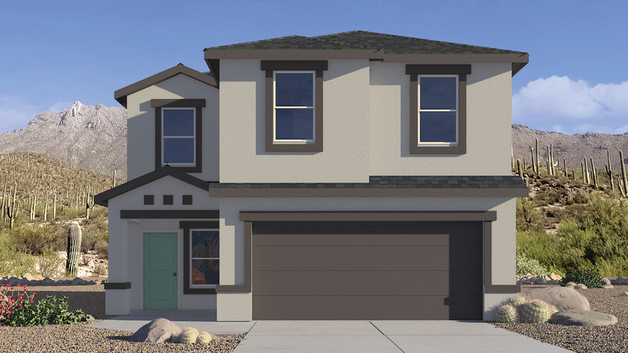 Elevation option C. Introducing The Kate at Blackhawk in Tucson, Arizona – a spacious 2,264 sq. ft. two-story new home designed to offer both comfort and modern living in a prime location.  As you step through the inviting front porch, you’re welcomed into a thoughtfully designed entryway that leads directly into the heart of the home. The main floor boasts a generous great room that seamlessly connects to the dining area and kitchen, creating an ideal space for entertaining and everyday living. The kitchen is equipped with sleek granite countertops, a large island with a breakfast bar, modern appliances, and a pantry that provides ample storage, ensuring that the kitchen is both functional and stylish.  The main level also features a convenient powder room, perfect for guests, and direct access to the two-car garage, enhancing the home’s practicality.  Heading upstairs, you’ll discover the family’s private quarters. The master suite offers a serene retreat, complete with a spacious bedroom, a large walk-in closet, and an en-suite bathroom featuring dual vanities and a walk-in shower. The upper level also includes three additional bedrooms, a full bathroom, and a utility room centrally located for easy access. Additionally, a versatile loft area provides extra space that can be tailored to fit your lifestyle, whether as a game room, home office, or a second living area.  Step outside from the great room to the covered patio, where you can enjoy Tucson’s beautiful weather year-round. Whether you’re hosting an outdoor gathering or simply relaxing after a long day, this space extends your living area and enhances the home’s inviting ambiance.  Designed with energy efficiency in mind, The Kate at Blackhawk is a DOE Zero Energy Ready Home, combining sustainability, comfort, and long-term savings.
