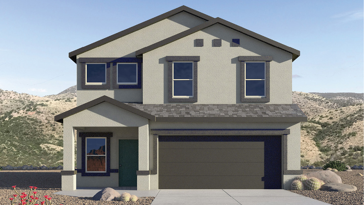 Elevation option C of The Madison at Blackhawk in Tucson, Arizona – the largest home in the community, offering an expansive 2,522 sq. ft. of living space designed for families seeking both luxury and functionality.  As you step through the inviting front porch, you're greeted by a thoughtfully designed entryway that leads into the heart of the home. The main level features a spacious great room that flows effortlessly into the dining area and the kitchen, making it an ideal space for entertaining and family gatherings. The kitchen is equipped with elegant granite countertops, a large island with a breakfast bar, modern appliances, and a pantry that provides ample storage, ensuring that the kitchen is as functional as it is stylish.  The main floor also includes a bedroom with easy access to a full bathroom, making it a perfect guest suite or a private home office. The convenient bathroom and direct access to the two-car garage enhance the home’s functionality, while the nearby utility room adds a layer of practicality to daily living.  Heading upstairs, you’ll find the family’s private quarters. The master suite is a true retreat, featuring a generously sized bedroom, a large walk-in closet, and an en-suite bathroom complete with dual vanities and a walk-in shower. The upper level also includes three additional bedrooms, a full bathroom, and a versatile loft area that can be tailored to fit your lifestyle, whether as a playroom, home office, or additional living space.  Back downstairs, step outside from the great room to the covered patio, where you can enjoy Tucson’s stunning weather year-round. Whether you’re hosting an outdoor gathering or simply relaxing after a long day, this space extends your living area and enhances the home’s inviting ambiance.  Designed with energy efficiency in mind, The Madison at Blackhawk is a DOE Zero Energy Ready Home, ensuring sustainability, comfort, and long-term savings.