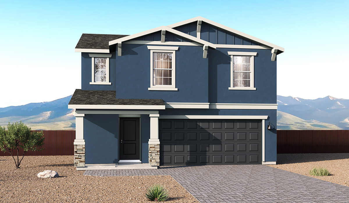 Elevation option C of the Elm floor plan, a thoughtfully designed two-story home now available in the brand-new Redford Estates community in Southwest Tucson, Arizona. With 1,775 square feet of modern living space, the Elm is perfect for those seeking a cozy yet highly functional home that offers a smart separation between the private second-floor retreat and the main living areas below.  Step through the inviting front porch into a welcoming entryway that opens into the main first floor, designed to maximize every inch of space. The expansive great room flows into the dining area and kitchen, creating an ideal layout for entertaining and everyday living. The kitchen features a central island, quartz countertops, Shaker-style cabinetry, and walk-in pantry. A conveniently located powder room completes the first floor. This home features a finished two-car garage accessible from the main floor.  Upstairs, the Elm offers four spacious bedrooms each with a generous closet. The primary suite provides a peaceful retreat with a walk-in closet and en-suite bathroom. The three additional bedrooms are situated just off the versatile loft area, ideal for an extra living space, game room, or home office. Everyday convenience is built in, with the laundry room and a full secondary bathroom also located on the second floor.  Our homes at Redford Estates are designed with the future in mind. Each home features a Spanish lace stucco exterior, landscaped front yards with auto drip irrigation, and large backyards that are fully fenced and ready for your personal touch. Inside, the Home is Connected® Smart Home package brings modern convenience to your fingertips with a smart thermostat, video doorbell, keyless entry, and a Wi-Fi-enabled garage door opener.  Redford Estates is not just a place to live—it's a gateway to everything that makes Tucson unique. The Elm at Redford Estates combines comfort, style, and forward-thinking design--creating the perfect place to call home.