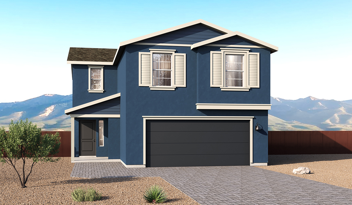 Elevation option B of the Gila, a versatile two-story floor plan offering 2,057 sq. ft. of comfortable, modern living in our new Redford Estate community of Southwest Tucson, Arizona.  Thoughtfully crafted for households of all sizes, the Gila features four bedrooms, a spacious loft, and three full bathrooms, ensuring every family member has their own space to unwind and recharge.  A standout highlight of this home is the guest-style suite on the main floor, offering convenient access to a full bathroom. Perfect for visitors, multigenerational living, or private home office, this main-level bedroom offers exceptional flexibility.  The main floor creates an inviting flow, with a generous great room that connects seamlessly to the dining area and kitchen. The kitchen features a large center island, Shaker-style cabinetry, and ample storage space to include a large pantry.  Upstairs, the Gila continues to impress with thoughtful design and family-friendly layout. The well-appointed primary bedroom includes a private en-suite bathroom and large walk-in closet. Bedrooms 2 and 3, along with the loft, share a full bathroom conveniently located for easy access. An additional standout feature is Bedroom 2, which includes a large walk-in closet—a perfect setup for teens, young adults, or anyone who appreciates extra storage and personal space. The second floor also features a large laundry room, conveniently located near the bedrooms.  Our homes at Redford Estates are designed with the future in mind. Each home features a Spanish lace stucco exterior, landscaped front yards with auto drip irrigation, and large backyards that are fully fenced and ready for your personal touch. Inside, the Home is Connected® Smart Home package brings modern convenience to your fingertips with a smart thermostat, video doorbell, keyless entry, and a Wi-Fi-enabled garage door opener.  With three full bathrooms, smartly arranged bedrooms, and spaces crafted for comfort and flexibility, the Gila is designed to meet the needs of today's busy and evolving lifestyles.