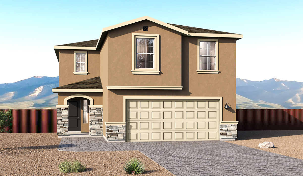 Elevation option C of the Gila, a versatile two-story floor plan offering 2,057 sq. ft. of comfortable, modern living in our new Redford Estate community of Southwest Tucson, Arizona.  Thoughtfully crafted for households of all sizes, the Gila features four bedrooms, a spacious loft, and three full bathrooms, ensuring every family member has their own space to unwind and recharge.  A standout highlight of this home is the guest-style suite on the main floor, offering convenient access to a full bathroom. Perfect for visitors, multigenerational living, or private home office, this main-level bedroom offers exceptional flexibility.  The main floor creates an inviting flow, with a generous great room that connects seamlessly to the dining area and kitchen. The kitchen features a large center island, Shaker-style cabinetry, and ample storage space to include a large pantry.  Upstairs, the Gila continues to impress with thoughtful design and family-friendly layout. The well-appointed primary bedroom includes a private en-suite bathroom and large walk-in closet. Bedrooms 2 and 3, along with the loft, share a full bathroom conveniently located for easy access. An additional standout feature is Bedroom 2, which includes a large walk-in closet—a perfect setup for teens, young adults, or anyone who appreciates extra storage and personal space. The second floor also features a large laundry room, conveniently located near the bedrooms.  Our homes at Redford Estates are designed with the future in mind. Each home features a Spanish lace stucco exterior, landscaped front yards with auto drip irrigation, and large backyards that are fully fenced and ready for your personal touch. Inside, the Home is Connected® Smart Home package brings modern convenience to your fingertips with a smart thermostat, video doorbell, keyless entry, and a Wi-Fi-enabled garage door opener.  With three full bathrooms, smartly arranged bedrooms, and spaces crafted for comfort and flexibility, the Gila is designed to meet the needs of today's busy and evolving lifestyles.