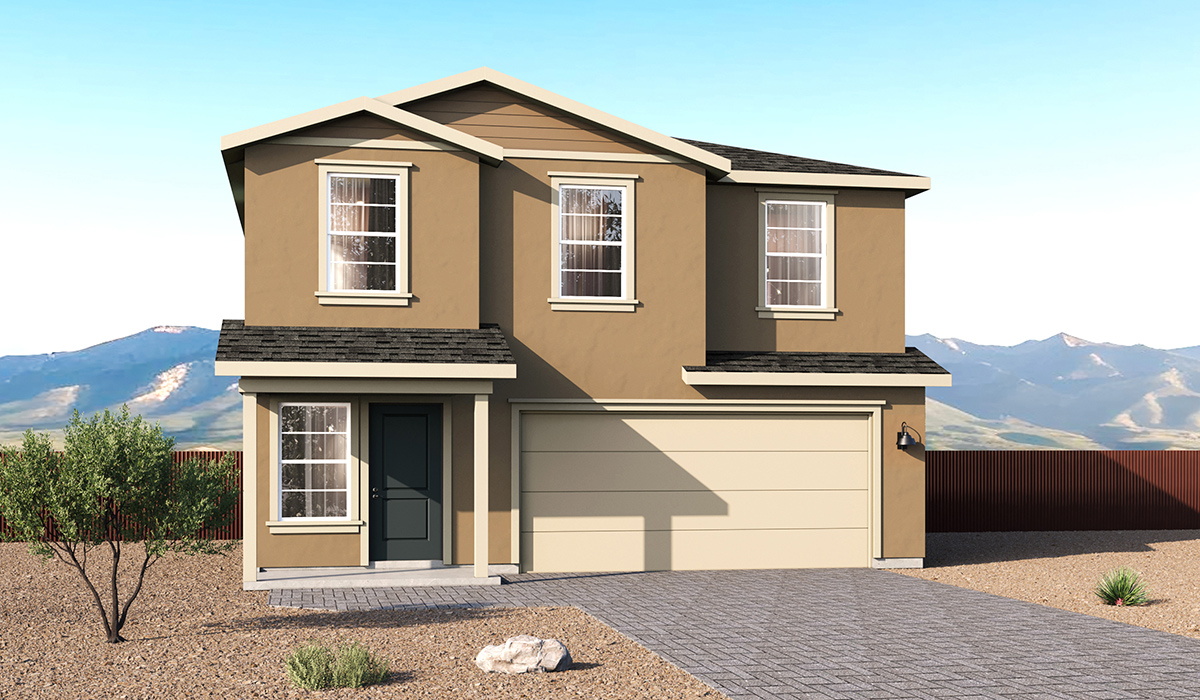 Elevation option B of the Kleindale at Redford Estates — the largest floor plan available within the community. This spacious and beautifully designed two-story home offers 2,384 sq. ft., five bedrooms, three full bathrooms, and versatile 2-3 car tandem garage. This impressive layout is ideal for large households, multigenerational living, or anyone who simply wants room to grow, gather, and live comfortably.  A welcoming front porch leads you into the entryway, which flows into the expansive open-concept great room, dining area, and kitchen. The kitchen features a large center island, Shaker-style cabinetry, and plenty of storage space. With thoughtful design and abundant natural light, the main floor truly feels like the heart of the home.   One of the standout features of the Kleindale is the fifth bedroom located on the main floor, offering excellent flexibility. With convenient access to a full bathroom, it's perfect as a guest-style suite, a comfortable space for extended family, or private home office.  A spacious and private second floor continues the living space with a generous loft leading to the primary bedroom, complete with an en-suite bathroom and large walk-in closet. Three additional bedrooms are also located on the second floor each offering plenty of space for family, guests, or work-from-home needs. The upstairs also includes a full bathroom and laundry room.  Our homes at Redford Estates are designed with the future in mind. Each home features a Spanish lace stucco exterior, landscaped front yards with auto drip irrigation, and large backyards that are fully fenced and ready for your personal touch. Inside, the Home is Connected® Smart Home package brings modern convenience to your fingertips with a smart thermostat, video doorbell, keyless entry, and a Wi-Fi-enabled garage door opener.  With its expansive living spaces, flexible bedroom arrangements, and thoughtful deign throughout, the Kleindale offers the ultimate combination of comfort, convenience, and room to thrive.