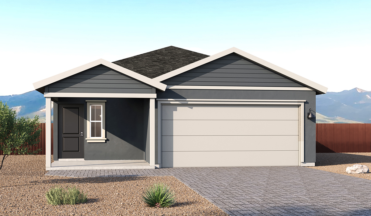 Elevation option B of the Carolina — a thoughtfully designed single-story home offering 1,536 sq. ft. of modern comfort at Redford Estates in Southwest Tucson, Arizona.  With three bedrooms, two full bathrooms, and a two-car garage, this efficient and beautifully planned layout is perfect for those seeking convenience, comfort, and single-level living.  A welcoming front porch invites you inside, where the entryway opens into a bright and beautifully crafted living space. The heart of the home is the well-appointed kitchen, featuring a large center island, walk-in pantry, and stylish Shaker-style cabinetry.  Overlooking the dining area and great room, this open layout makes it easy to cook, gather, and entertain with ease.  The primary bedroom is thoughtfully positioned at the rear of the home, creating a private retreat. Complete with a large en-suite bathroom and walk-in closet, it's designed for relaxation and convenience.  Two additional bedrooms are located toward the front of the home, offering flexibility for family, guests, a home office, or hobbies, and share a full secondary hallway bathroom.  Our homes at Redford Estates are designed with the future in mind. Each home features a Spanish lace stucco exterior, landscaped front yards with auto drip irrigation, and large backyards that are fully fenced and ready for your personal touch. Inside, the Home is Connected® Smart Home package brings modern convenience to your fingertips with a smart thermostat, video doorbell, keyless entry, and a Wi-Fi-enabled garage door opener.  With its smart layout, modern features, and effortless single-story living, the Carolina brings comfort and functionality together in a one beautifully designed home here at Redford Estates.  *Images shown are for reference only. They depict the Carolina model home and may not represent the actual home.