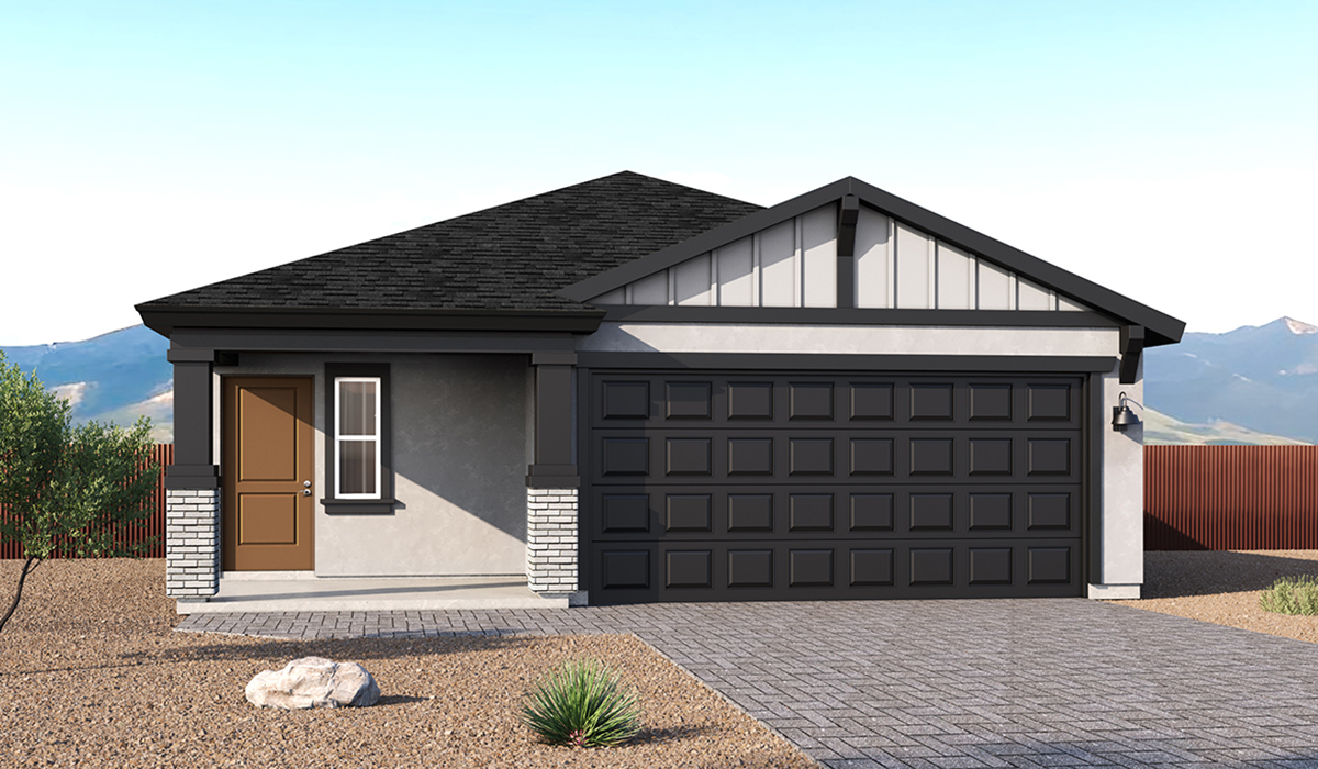 Elevation option C of the Carolina — a thoughtfully designed single-story home offering 1,536 sq. ft. of modern comfort at Redford Estates in Southwest Tucson, Arizona.  With three bedrooms, two full bathrooms, and a two-car garage, this efficient and beautifully planned layout is perfect for those seeking convenience, comfort, and single-level living.  A welcoming front porch invites you inside, where the entryway opens into a bright and beautifully crafted living space. The heart of the home is the well-appointed kitchen, featuring a large center island, walk-in pantry, and stylish Shaker-style cabinetry.  Overlooking the dining area and great room, this open layout makes it easy to cook, gather, and entertain with ease.  The primary bedroom is thoughtfully positioned at the rear of the home, creating a private retreat. Complete with a large en-suite bathroom and walk-in closet, it's designed for relaxation and convenience.  Two additional bedrooms are located toward the front of the home, offering flexibility for family, guests, a home office, or hobbies, and share a full secondary hallway bathroom.  Our homes at Redford Estates are designed with the future in mind. Each home features a Spanish lace stucco exterior, landscaped front yards with auto drip irrigation, and large backyards that are fully fenced and ready for your personal touch. Inside, the Home is Connected® Smart Home package brings modern convenience to your fingertips with a smart thermostat, video doorbell, keyless entry, and a Wi-Fi-enabled garage door opener.  With its smart layout, modern features, and effortless single-story living, the Carolina brings comfort and functionality together in a one beautifully designed home here at Redford Estates.  *Images shown are for reference only. They depict the Carolina model home and may not represent the actual home.