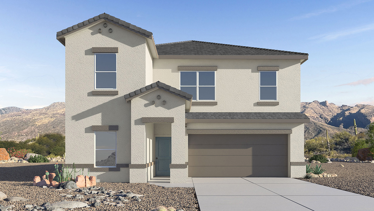 Introducing The River plan at The Oasis at Rocking K, a standout two-story new home that epitomizes spacious living and modern amenities in the scenic backdrop of Vail, Arizona. Nestled within this master-planned community, The River offers an impressive 2,396 square feet of living space, making it the largest floorplan available at The Oasis. This home is intentionally designed to accommodate the needs of growing families, with five bedrooms and three bathrooms, ensuring plenty of space for everyone.  The exterior of The River plan exudes charm and character, with its Spanish lace stucco finish and tile roof that blends seamlessly into the picturesque surroundings. The home’s front yard is meticulously landscaped with auto drip irrigation, providing a welcoming entrance to this beautiful residence.  Upon entering The River, you'll be greeted by a bright and inviting great room that flows effortlessly into the dining room and kitchen, creating a harmonious space perfect for entertaining or family gatherings. The kitchen is a chef’s day dream, featuring quartz countertops, 42” shaker-style cabinets, and stainless steel appliances, all designed to inspire culinary creativity. The main floor also includes the luxurious owner’s suite, which serves as a private sanctuary. This suite features a spacious walk-in closet and an en-suite bathroom with dual vanities, a walk-in shower, and a soaking tub, providing the perfect retreat at the end of the day. Additionally, a second bedroom on the main floor offers flexibility, ideal for guests or a home office.  As you ascend to the second story, you'll find three additional bedrooms, all with easy access to a full bathroom. A generous loft area on the second floor offers additional living space, ideal for a media room, play area, or home gym.  The River plan is not just about style and space; it’s also about modern convenience and energy efficiency. The home is equipped with D.R. Horton’s Home is Connected® Smart Home package, which includes a smart thermostat, video doorbell, keyless entry, Wi-Fi-enabled garage door opener, and Deako light switches, ensuring that your home is as functional as it is beautiful. Additionally, the home meets the DOE Zero Energy Ready Home standards, featuring energy-efficient elements such as spray foam insulation, a tankless water heater, LED lighting throughout and more.  Living at The Oasis at Rocking K means more than just owning a home; it means being part of a vibrant community. With access to amenities like ramadas, picnic areas, walking paths, and recreational fields, plus the greater Rocking K master-planned neighborhood’s splashpad, event lawn, playground, and events, there’s always something to do. Residents also enjoy the convenience of nearby schools, shopping, dining, and outdoor recreational opportunities, making The Oasis at Rocking K the perfect place to call home.  The River plan at The Oasis at Rocking K is where space, style, and smart living converge, offering a home designed for the way you live today.