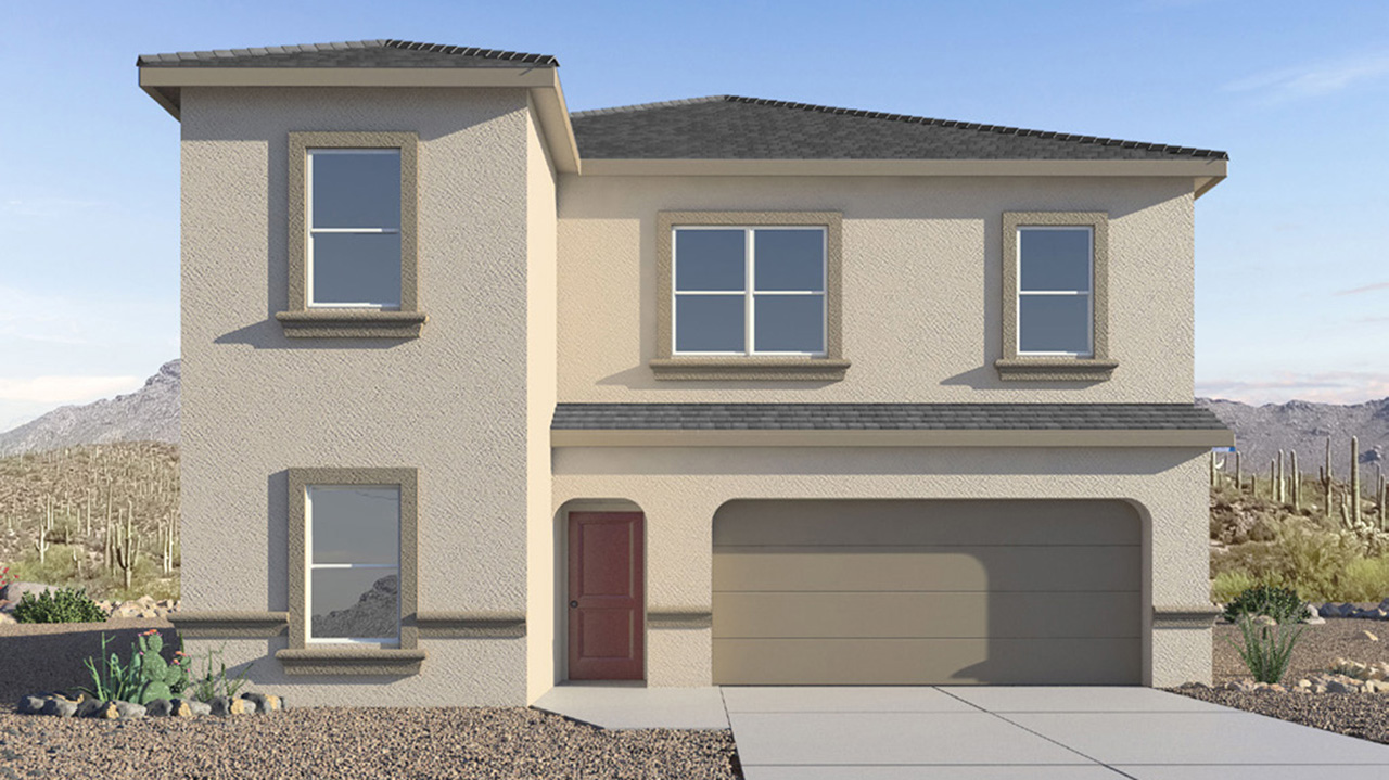 Introducing The River plan at The Oasis at Rocking K, a standout two-story new home that epitomizes spacious living and modern amenities in the scenic backdrop of Vail, Arizona. Nestled within this master-planned community, The River offers an impressive 2,396 square feet of living space, making it the largest floorplan available at The Oasis. This home is intentionally designed to accommodate the needs of growing families, with five bedrooms and three bathrooms, ensuring plenty of space for everyone.  The exterior of The River plan exudes charm and character, with its Spanish lace stucco finish and tile roof that blends seamlessly into the picturesque surroundings. The home’s front yard is meticulously landscaped with auto drip irrigation, providing a welcoming entrance to this beautiful residence.  Upon entering The River, you'll be greeted by a bright and inviting great room that flows effortlessly into the dining room and kitchen, creating a harmonious space perfect for entertaining or family gatherings. The kitchen is a chef’s day dream, featuring quartz countertops, 42” shaker-style cabinets, and stainless steel appliances, all designed to inspire culinary creativity. The main floor also includes the luxurious owner’s suite, which serves as a private sanctuary. This suite features a spacious walk-in closet and an en-suite bathroom with dual vanities, a walk-in shower, and a soaking tub, providing the perfect retreat at the end of the day. Additionally, a second bedroom on the main floor offers flexibility, ideal for guests or a home office.  As you ascend to the second story, you'll find three additional bedrooms, all with easy access to a full bathroom. A generous loft area on the second floor offers additional living space, ideal for a media room, play area, or home gym.  The River plan is not just about style and space; it’s also about modern convenience and energy efficiency. The home is equipped with D.R. Horton’s Home is Connected® Smart Home package, which includes a smart thermostat, video doorbell, keyless entry, Wi-Fi-enabled garage door opener, and Deako light switches, ensuring that your home is as functional as it is beautiful. Additionally, the home meets the DOE Zero Energy Ready Home standards, featuring energy-efficient elements such as spray foam insulation, a tankless water heater, LED lighting throughout and more.  Living at The Oasis at Rocking K means more than just owning a home; it means being part of a vibrant community. With access to amenities like ramadas, picnic areas, walking paths, and recreational fields, plus the greater Rocking K master-planned neighborhood’s splashpad, event lawn, playground, and events, there’s always something to do. Residents also enjoy the convenience of nearby schools, shopping, dining, and outdoor recreational opportunities, making The Oasis at Rocking K the perfect place to call home.  The River plan at The Oasis at Rocking K is where space, style, and smart living converge, offering a home designed for the way you live today.