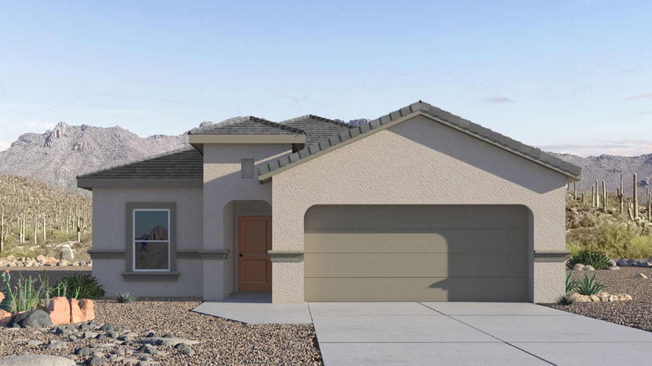 Elevation option B of The Dalton at The Oasis at Rocking K presents an exceptional living experience that blends comfort and style within its thoughtfully crafted 1,569 square feet. This one-story, four-bedroom, two-bathroom home is designed to cater to a variety of lifestyle needs, offering both privacy and open spaces that encourage togetherness. As you step into the welcoming entryway, you're led into a spacious great room that seamlessly connects with the dining room and kitchen, creating a perfect setting for daily living and entertaining. The kitchen is a true culinary delight, featuring elegant quartz countertops, 42” shaker-style cabinets, and a modern layout that includes a pantry for additional storage.  The primary suite, located at the rear of the home, serves as a private oasis with a walk-in closet and a luxurious bathroom, complete with dual sinks and high-quality fixtures. The additional three bedrooms are positioned towards the front of the home, providing ample space for family, guests, or a home office setup. Each bedroom is well-proportioned, offering comfort and flexibility in their use.  The Dalton also features a covered patio, ideal for outdoor dining and relaxation, where you can enjoy the breathtaking views and Arizona sunsets that The Oasis at Rocking K is known for. The home includes a two-car garage, providing ample storage and parking space. Additionally, the front yard is meticulously landscaped with auto drip irrigation, ensuring your home’s curb appeal remains pristine year-round.  Living in The Oasis at Rocking K means enjoying a community filled with modern conveniences and natural beauty. Each home, including The Dalton, is equipped with D.R. Horton’s Home is Connected® Smart Home package, ensuring you have the latest in home automation technology. With additional energy-efficient features like spray foam insulation, a tankless water heater, and LED lighting, The Dalton is designed to offer long-term savings and environmental sustainability.  This home isn’t just a place to live; it’s part of a vibrant community where residents can take advantage of amenities such as walking trails, playgrounds, and community events that foster a strong sense of connection among neighbors. The Dalton at The Oasis at Rocking K isn’t just a house—it’s a home where memories are made and a fulfilling lifestyle awaits.