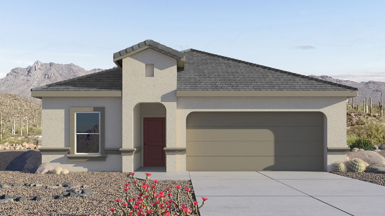 Elevation option B of The Harris floor plan, a beautifully designed new home at The Oasis at Rocking K, located in the serene surroundings of Vail, Arizona.  This charming one-story new home offers a seamless blend of style, functionality, and comfort, perfect for families and individuals alike. The Harris spans 1,856 square feet and includes four spacious bedrooms, two-and-a-half bathrooms, and a two-car garage, all meticulously crafted to meet the needs of modern living.  The exterior of The Harris offers three elevation options, each featuring D.R. Horton’s signature Spanish lace stucco, tile roofs, and professionally landscaped front yards with auto drip irrigation, adding to the home’s curb appeal. Inside, you’re greeted by an inviting foyer that leads to an open-concept living area, where the great room flows effortlessly into the dining area and a modern kitchen.  The kitchen is a chef's dream, equipped with top-of-the-line stainless steel appliances, quartz countertops, a large center island, and 42” shaker-style cabinets with stylish cabinet pulls. Adjacent to the kitchen, the dining area is perfect for family meals or entertaining guests. The great room, with its ample natural light and direct access to the covered patio, provides a perfect space for relaxation and gatherings.  The primary bedroom is a private sanctuary located at the back of the home, offering tranquility and easy access to the backyard. It features a walk-in closet and a luxurious en-suite bathroom with dual sinks and a large walk-in shower. The additional three bedrooms are generously sized, with two sharing a well-appointed full bathroom. A powder room, strategically placed near the living areas, adds convenience for guests.  Living at The Oasis at Rocking K means enjoying a variety of amenities, including ramadas, picnic areas, and access to the greater Rocking K master-planned community’s parks, walking trails, recreational facilities and events. Each home in this community also comes equipped with D.R. Horton’s Home is Connected® Smart Home package, offering the latest in modern living with features like a smart thermostat, video doorbell, and more.  Whether you’re looking for a home that offers space, style, or a sense of community, The Harris at The Oasis at Rocking K provides it all in a location that’s close to everything you need in Vail, Arizona.