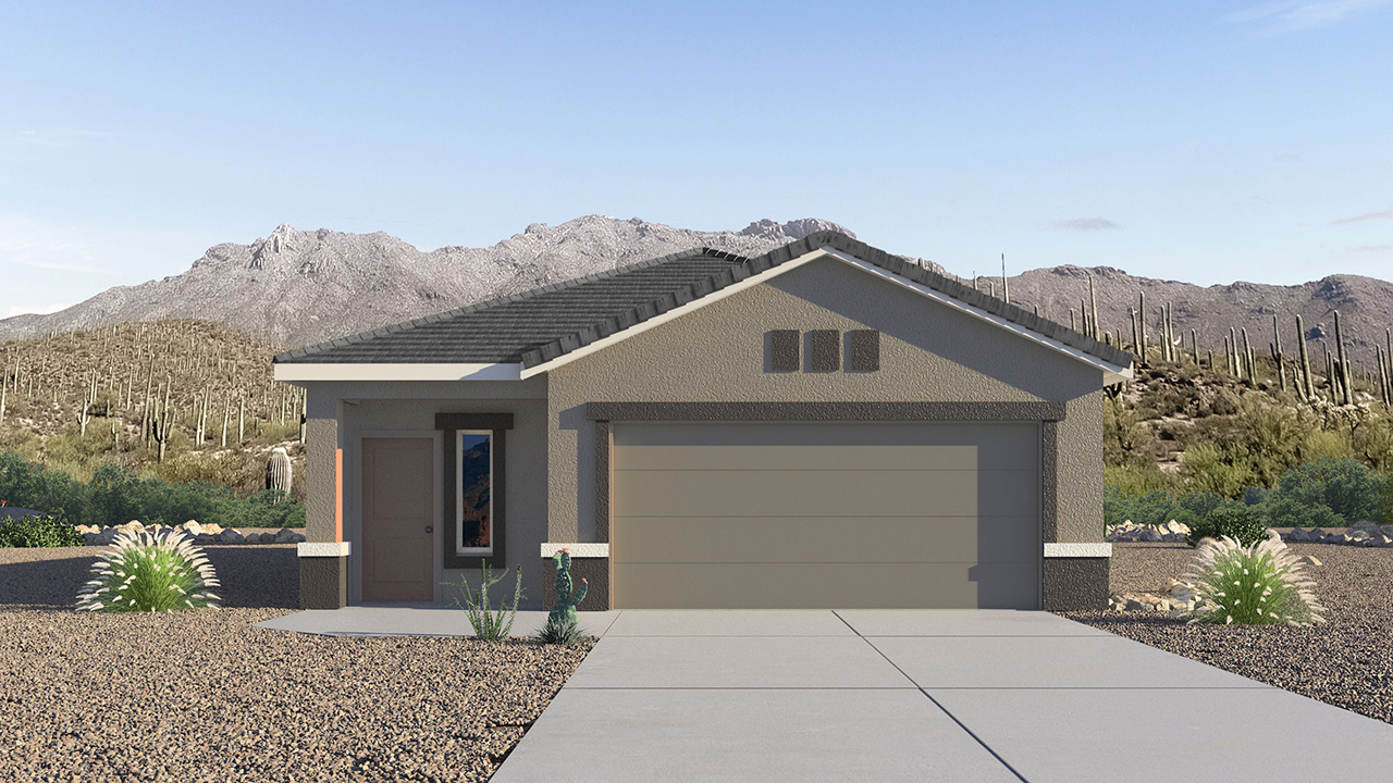 Step into The Diana at Hanson Ridge in Vail, Arizona – a thoughtfully crafted 1,558 sq. ft. single-story new home designed to offer a perfect harmony of comfort and desert elegance.  As you enter through the inviting front porch, you're welcomed into a bright and airy living space that flows seamlessly into the great room, dining area, and kitchen. This open-concept design is perfect for both casual family living and entertaining. The kitchen, with its granite countertops, modern appliances, and a convenient pantry, is both stylish and functional, making meal preparation a breeze.  The master suite, located at the rear of the home, provides a private retreat with a spacious bedroom, a large walk-in closet, and an en-suite bathroom featuring dual vanities and a walk-in shower. This suite offers a peaceful escape, ideal for relaxation after a day of enjoying the natural beauty surrounding Hanson Ridge.  Two additional bedrooms are thoughtfully placed to provide privacy and comfort, sharing a well-appointed full bathroom. The home also includes a utility room for added convenience and direct access to a two-car garage, making daily tasks efficient and easy.  Step outside from the great room to the covered patio, where you can enjoy Arizona’s beautiful weather year-round. Whether you're savoring a quiet morning or hosting an evening gathering, this outdoor space extends your living area into the tranquil surroundings of Hanson Ridge.  Living at Hanson Ridge means more than just having a beautiful home. The community offers a peaceful lifestyle with incredible desert landscapes, mountain views, and easy access to I-10 for convenient commutes to Tucson and surrounding areas. Designed with energy efficiency in mind, The Diana at Hanson Ridge meets DOE Zero Energy Ready Home standards, ensuring sustainability and long-term savings.  Experience the charm and comfort of The Diana at Hanson Ridge, where modern convenience meets the beauty of Arizona’s desert landscape.