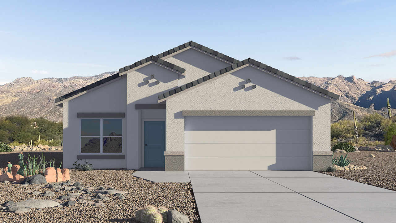 Elevation option A of The Parker at Hanson Ridge in Vail, Arizona - a beautifully designed single-story home that perfectly balances comfort and elegance. This thoughtfully crafted 1,909 square foot floor plan features five bedrooms and 3 full size bathrooms. Whether you're looking for extra space or a more open layout, the Parker is designed to suit your lifestyle with style and functionality in every detail.  As you enter through the inviting front porch, you're welcomed into a bright and airy living space that flows seamlessly into the great room, dining area, and kitchen. This open-concept design is perfect for both family gatherings and entertaining. The kitchen features Quartz countertops, Shaker Style Cabinetry, modern appliances, and a convenient pantry, making meal preparation a breeze.  The primary suite, located at the rear of the home, providing a private retreat with a spacious a large walk-in closet, and en-suite bathroom featuring dual vanities and a walk-in shower. The Parker floor plan also includes a utility room and two-car garage.  Living at Hanson Ridge means more than just having a beautiful home. The community offers a peaceful lifestyle with incredible desert landscapes, mountain views, and easy access to I-10 for convenient commutes to Tucson and surrounding areas. Designed with energy efficiency in mind, The Dalea at Hanson Ridge meets Zero Energy Ready Home standards, ensuring sustainability and long-term savings.  Experience the charm and comfort of The Parker at Hanson Ridge, where modern convenience meets the beauty of Arizona’s desert landscape.