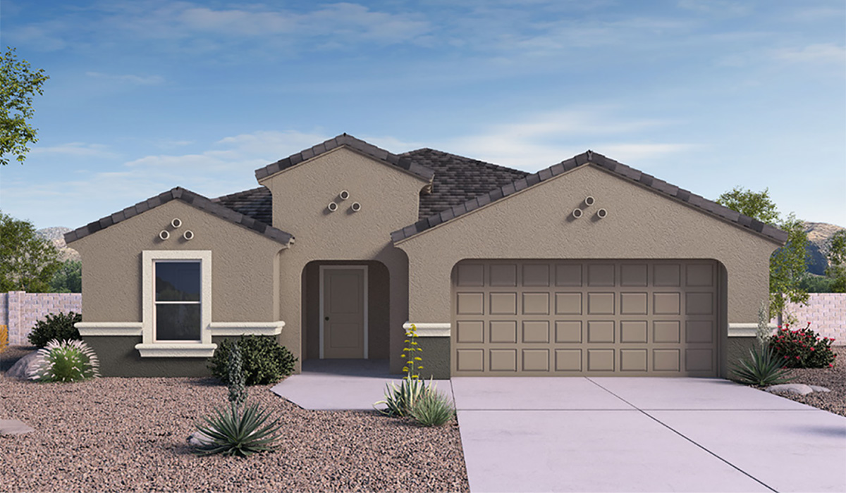 Step into The Denton at Hanson Ridge in Vail, Arizona - a thoughtfully crafted 1,590 sq. ft. single-story new home designed to offer a perfect harmony of comfort and desert elegance.  As you enter through the inviting front porch, you're welcomed into a bright and airy entry space that flows seamlessly into the great room, dining area, and kitchen. This open-concept design is perfect for both casual family living and entertaining. The kitchen, with its Quartz countertops, modern appliances, and a convenient pantry, is both stylish and functional, making meal preparation a breeze.  The primary suite, located at the rear of the home, provides a private retreat with a spacious bedroom, a large walk-in closet, and an en-suite bathroom featuring large vanity with sink or double optional sink, walk-in shower, and walk-in closet.  Whether you’re planning to create a dream outdoor oasis or simply enjoy the natural surroundings, this space offers endless possibilities. Built with modern living in mind, The Denton floor plan includes D.R. Horton’s Home is Connected® Smart Home package, featuring a smart thermostat, video doorbell, keyless entry, and a Wi-Fi enabled garage door opener. Energy efficiency is also a priority, with spray foam insulation and designs that meet the DOE Zero Energy Ready Home standards, ensuring long-term savings and environmental benefits.  Located within the serene Hanson Ridge community, residents of The Denton enjoy the luxury of space combined with easy access to urban amenities. Come home to The Denton, where comfort, style, and the beauty of Arizona living come together in perfect harmony.  *Images shown are for reference only. They depict The Denton model home and may not represent the actual home.