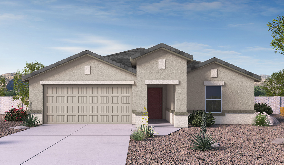 Step into The Kingston at Hanson Ridge in Vail Arizona – a perfect blend of comfort, modern living, and energy efficiency. This thoughtfully crafted single-story home spans 2,053 square feet and has four bedrooms and two bathrooms. This newly designed model offers harmony of comfort and desert elegance.  The open-concept design features a spacious great room that effortlessly connects with the kitchen and dining area, creating an inviting central hub for everyday living and entertaining. The kitchen is equipped with contemporary appliances and a pantry, offering ample storage and convenience for meal preparation and large center island. The primary bedroom, located at the rear of the home, provides a peaceful retreat with a private ensuite bathroom and a generous walk-in closet. The additional three bedrooms are positioned at the front of the house, offering versatility for use as guest rooms, a home office, or children’s bedrooms. Step outside to the covered patio, a perfect spot to enjoy the beautiful Arizona weather, whether for morning coffee or evening relaxation.  Built with energy efficiency as a priority, The Kingston includes smart home technology, which not only simplifies daily living but also helps reduce utility costs. A two-car garage provides ample parking and additional storage space, enhancing the home’s functionality. The Kingston at Hanson Ridge meets DOE Zero Energy Ready Home standards, ensuring sustainability and long-term savings.  Living at Hanson Ridge means more than just having a beautiful home. The community offers a peaceful lifestyle with incredible desert landscapes, mountain views, and easy access to I-10 for convenient commutes to Tucson and surrounding areas. Experience the charm and comfort of The Kingston at Hanson Ridge, where modern convenience meets the beauty of Arizona’s desert landscape.  *Images shown are for reference only. They depict The Kingston sales model home and may not represent the actual home.