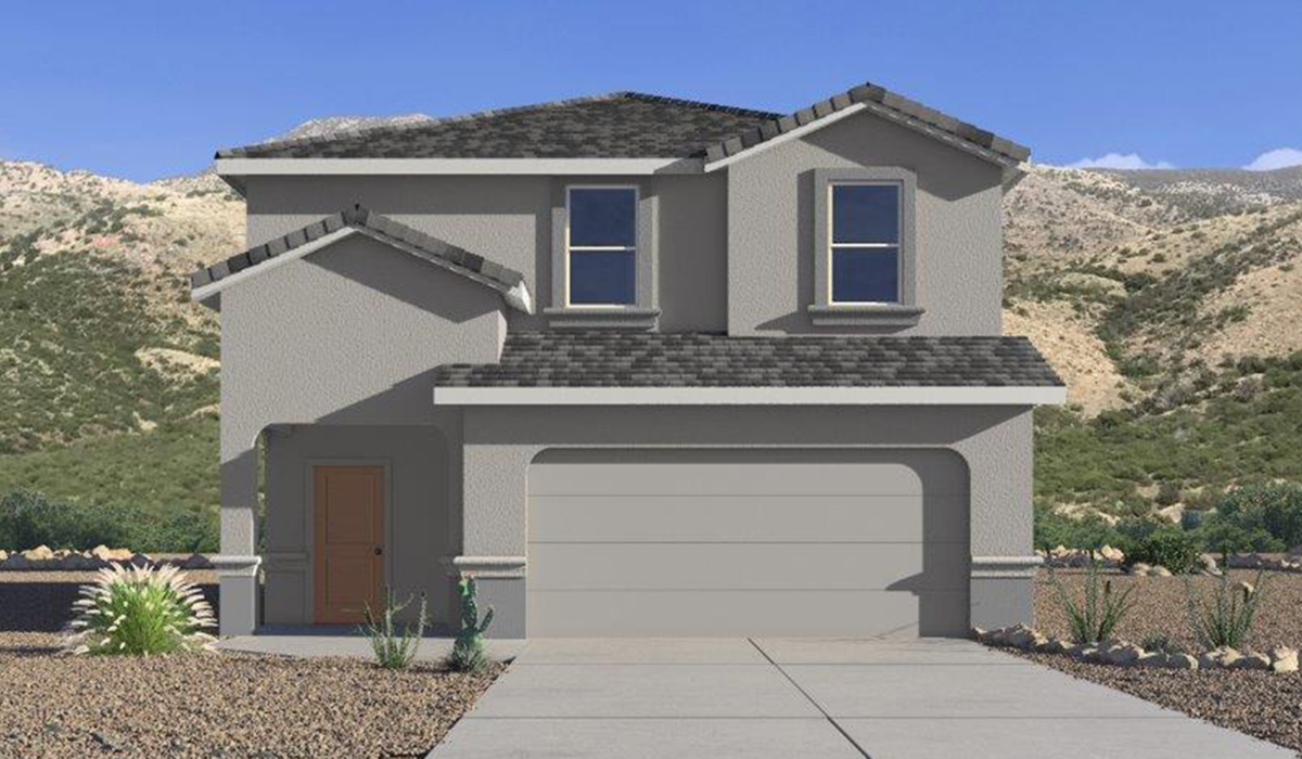 Elevation option B of the Grace at Hanson Ridge in Vail, Arizona – a stunning 1,963 sq. ft. two-story new home designed to bring a blend of comfort, style, and functionality to your everyday life.  As you enter this spacious home through the welcoming front porch, you’re greeted by an entryway that leads into an expansive great room. The open-concept main floor seamlessly connects the great room to the dining area and kitchen, creating an inviting space perfect for family gatherings and entertaining guests. The kitchen is a true centerpiece, featuring granite countertops, modern appliances, and a large walk-in pantry, ensuring both style and practicality.  The main floor also includes a convenient powder room and direct access to a two-car garage, adding to the home's functionality. Just off the kitchen and dining room, the covered patio invites you to enjoy Arizona’s beautiful weather year-round, providing a perfect spot for outdoor dining or relaxing in the serene desert surroundings.  Upstairs, the master suite offers a tranquil get-away with a spacious bedroom, a large walk-in closet, and an en-suite bathroom featuring dual vanities and a walk-in shower. The upper level also includes three additional bedrooms, each with its own walk-in closet, ensuring ample storage space for the entire family. A full bathroom, a centrally located utility room, and a versatile loft area that can be adapted to suit your family’s needs complete the upstairs living quarters.  Living at Hanson Ridge offers the best of both worlds – a peaceful, scenic environment with easy access to the conveniences of Tucson. The community is designed to foster a strong sense of connection among neighbors, with parks, walking paths, and playgrounds woven throughout. Plus, Hanson Ridge homes, including The Grace, are built to DOE Zero Energy Ready Home standards, ensuring energy efficiency and sustainability for years to come.  Come experience The Grace at Hanson Ridge, where modern living meets the beauty of Arizona’s desert landscape.