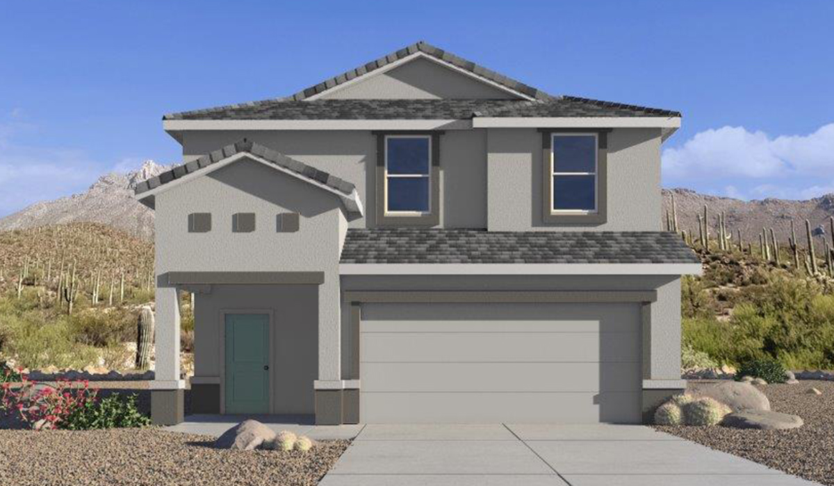 Elevation option C of the Grace at Hanson Ridge in Vail, Arizona – a stunning 1,963 sq. ft. two-story new home designed to bring a blend of comfort, style, and functionality to your everyday life.  As you enter this spacious home through the welcoming front porch, you’re greeted by an entryway that leads into an expansive great room. The open-concept main floor seamlessly connects the great room to the dining area and kitchen, creating an inviting space perfect for family gatherings and entertaining guests. The kitchen is a true centerpiece, featuring granite countertops, modern appliances, and a large walk-in pantry, ensuring both style and practicality.  The main floor also includes a convenient powder room and direct access to a two-car garage, adding to the home's functionality. Just off the kitchen and dining room, the covered patio invites you to enjoy Arizona’s beautiful weather year-round, providing a perfect spot for outdoor dining or relaxing in the serene desert surroundings.  Upstairs, the master suite offers a tranquil get-away with a spacious bedroom, a large walk-in closet, and an en-suite bathroom featuring dual vanities and a walk-in shower. The upper level also includes three additional bedrooms, each with its own walk-in closet, ensuring ample storage space for the entire family. A full bathroom, a centrally located utility room, and a versatile loft area that can be adapted to suit your family’s needs complete the upstairs living quarters.  Living at Hanson Ridge offers the best of both worlds – a peaceful, scenic environment with easy access to the conveniences of Tucson. The community is designed to foster a strong sense of connection among neighbors, with parks, walking paths, and playgrounds woven throughout. Plus, Hanson Ridge homes, including The Grace, are built to DOE Zero Energy Ready Home standards, ensuring energy efficiency and sustainability for years to come.  Come experience The Grace at Hanson Ridge, where modern living meets the beauty of Arizona’s desert landscape.