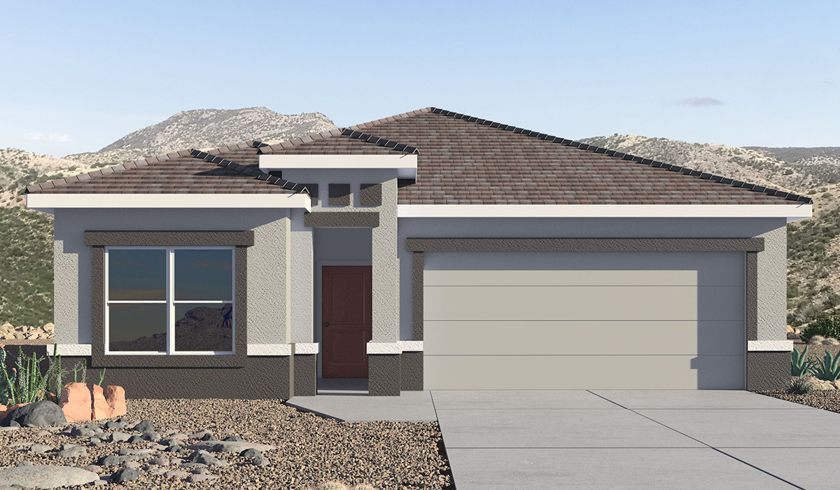 Elevation option C of The Easton at Barnett Village in Marana, Arizona – a spacious 1,701 sq. ft. single-story new home designed to offer both style and functionality for today’s modern family.  As you enter through the charming front porch, you’re welcomed into a thoughtful layout that makes every square foot count. Situated near the entrance you'll find the first bedroom, offering flexibility as a guest room, home office, or a cozy retreat.  Continuing down the hall, you’re led into the expansive great room, which flows seamlessly into the dining area and kitchen. This open-concept design ensures that the heart of the home is always connected, whether you’re preparing meals, dining, or relaxing with loved ones. The kitchen features sleek quartz countertops, a spacious center island, modern appliances, and a walk-in pantry that offers ample storage for all your cooking essentials.  The great room opens up to a covered patio, an ideal space to unwind and enjoy Arizona’s beautiful desert sunsets. Whether you’re hosting a weekend barbecue or enjoying a quiet evening outdoors, this patio extends your living space into the scenic surroundings of Barnett Village.  Just off the great room, a private hallway leads to the primary bedroom, which is a true retreat within the home. The primary suite is generously sized and includes a large walk-in closet and an en-suite bathroom, offering both luxury and convenience.   The Easton also features two additional bedrooms, well-positioned to share a full bathroom. These rooms are ideal for family members, providing comfortable living spaces with plenty of natural light.  For added convenience, the home includes a utility room and direct access to a two-car garage, making daily routines smoother and more efficient.  Designed with energy efficiency in mind, The Easton at Barnett Village is DOE Zero Energy Ready Home certified, ensuring both sustainability and savings.