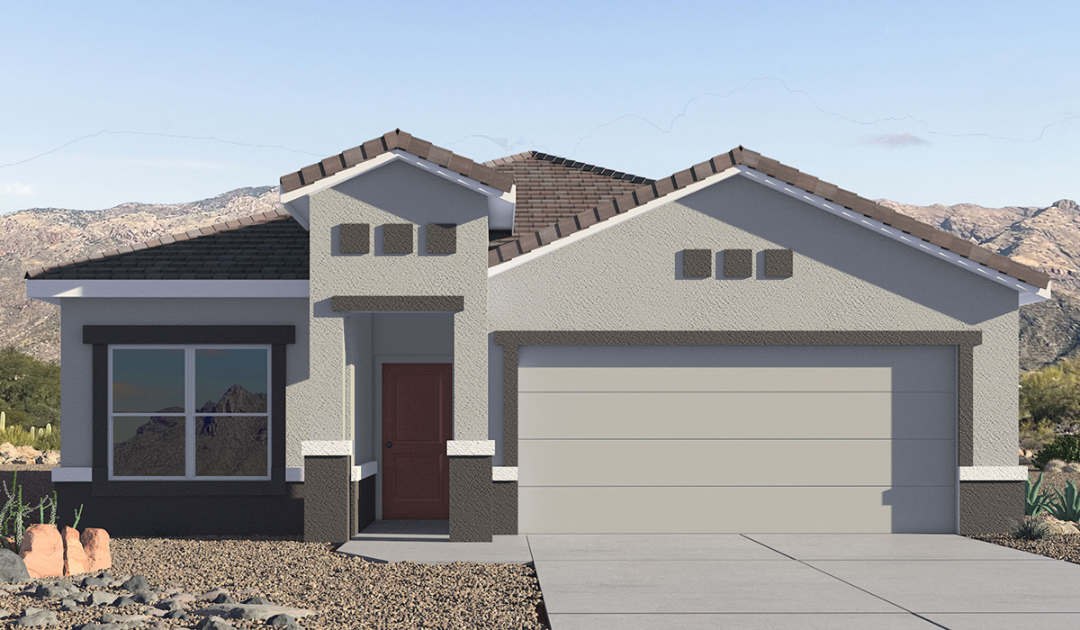 Welcome to The Harris at Barnett Village in Marana, Arizona – our beautifully designed home, offering 1,856 sq. ft. of modern living space that combines elegance with functionality.  Step through the inviting front porch and into a thoughtfully planned interior that begins with a welcoming entryway. This home features two of the four bedrooms near the entrance of the home, both sharing easy access to a full bathroom. These rooms are perfect for guests, children, or even a home office, providing comfort for various lifestyle needs.  As you continue through the spacious great room is revealed, the central hub of the home that seamlessly connects to the dining area and kitchen. The kitchen is a chef’s delight, complete with quartz countertops, large island with a breakfast bar, walk-in pantry, and state-of-the-art appliances.  Adjacent to the great room, a private hallway leads to the primary suite – a tranquil retreat within the home. The primary bedroom features a large walk-in closet and en-suite bathroom. Additionally, the suite offers direct access to a powder room, enhancing the convenience and privacy of this luxurious space.  The Harris also includes a utility room and a two-car garage adding to the home’s practical features, ensuring that daily routines are smooth and efficient.  Step outside to the covered patio, where you can unwind and take in the scenic beauty of Barnett Village. Whether you’re enjoying a quiet morning coffee or hosting a lively evening gathering, this outdoor space extends your living area and provides the perfect backdrop for Arizona’s desert landscapes.  Designed with energy efficiency, The Harris at Barnett Village is DOE Zero Energy Ready Home certified.  *Images shown are for reference only. They depict the sales model home and may not represent the actual home.