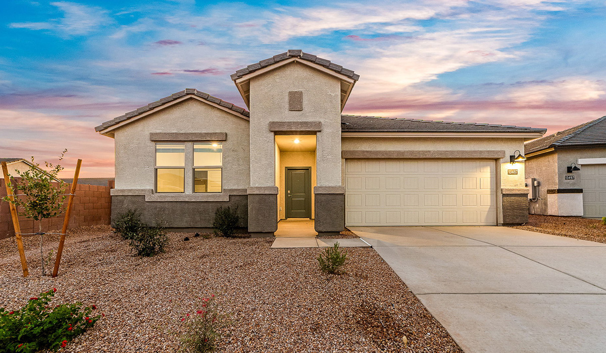 Step into The Dalea at Barnett Village, Marana, Arizona – a perfect blend of comfort, modern living, and energy efficiency. This thoughtfully crafted one-story home spans 2,224 square feet and offers five bedrooms and 3 bathrooms, ideal for families of all sizes.  The open-concept design features a spacious great room that effortlessly connects with the kitchen and dining area, creating an inviting central hub for everyday living and entertaining. The kitchen is equipped with contemporary appliances and a pantry, offering ample storage and convenience for meal preparation.  The primary bedroom, located at the rear of the home, provides a peaceful retreat with a private ensuite bathroom and a generous walk-in closet. The additional four bedrooms are positioned at the front of the house, offering versatility for use as guest rooms, a home office, or children’s bedrooms.  The Dalea floor plan offers the option of a three-car tandem garage, perfect for additional space and larger sized vehicles. Whether it’s morning coffee or evening relaxation, this outdoor space extends your living area into the serene landscape of Barnett Village.  Built with energy efficiency as a priority, the Dalea includes smart home technology, which not only simplifies daily living but also helps reduce utility costs.