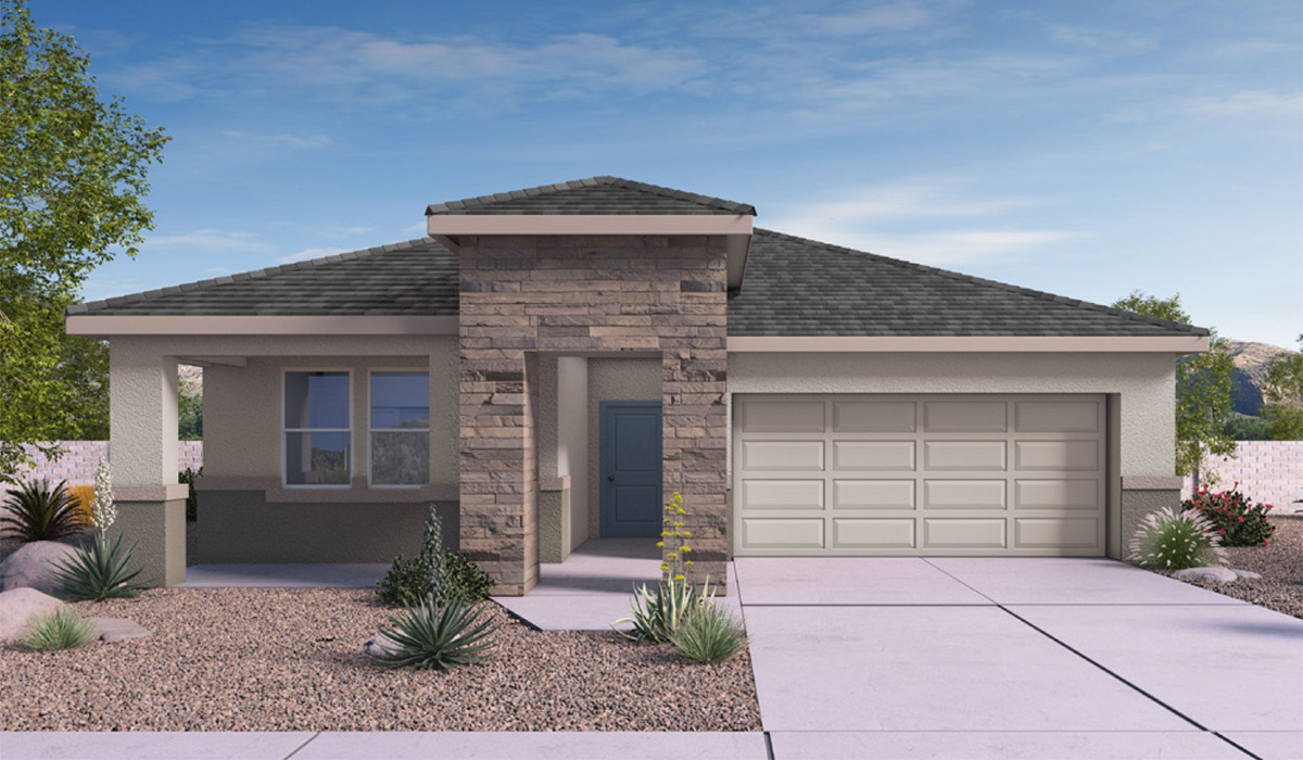 Step into The Dalea at Barnett Village, Marana, Arizona – a perfect blend of comfort, modern living, and energy efficiency. This thoughtfully crafted one-story home spans 2,224 square feet and offers five bedrooms and 3 bathrooms, ideal for families of all sizes.  The open-concept design features a spacious great room that effortlessly connects with the kitchen and dining area, creating an inviting central hub for everyday living and entertaining. The kitchen is equipped with contemporary appliances and a pantry, offering ample storage and convenience for meal preparation.  The primary bedroom, located at the rear of the home, provides a peaceful retreat with a private ensuite bathroom and a generous walk-in closet. The additional four bedrooms are positioned at the front of the house, offering versatility for use as guest rooms, a home office, or children’s bedrooms.  The Dalea floor plan offers the option of a three-car tandem garage, perfect for additional space and larger sized vehicles. Whether it’s morning coffee or evening relaxation, this outdoor space extends your living area into the serene landscape of Barnett Village.  Built with energy efficiency as a priority, the Dalea includes smart home technology, which not only simplifies daily living but also helps reduce utility costs.  *Images shown are for reference only. They depict The Dalea spec home and may not represent the actual home.
