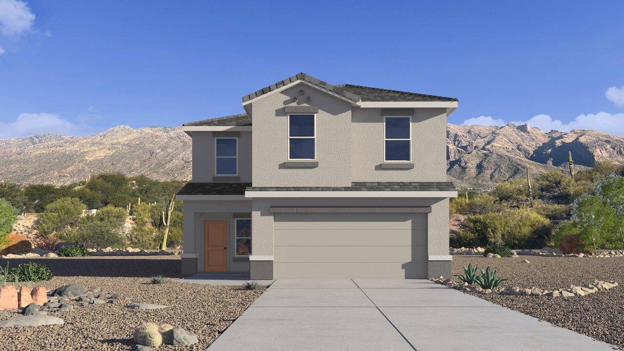 Introducing The Kate at Barnett Village in Marana, Arizona – the only two-story home in the community, offering an impressive 2,264 sq. ft. of living space designed to accommodate families of all sizes with ease and style.  As you enter through the charming front porch, you're greeted by an inviting entryway that leads directly into the heart of the home. The spacious great room opens up ahead, seamlessly connecting to the dining area and the gourmet kitchen. This open-concept space is perfect for entertaining, allowing for a natural flow from meal preparation to dining to relaxation. The kitchen features sleek granite countertops, a large island with a breakfast bar, modern appliances, and a walk-in pantry, making it both functional and stylish.  Tucked away on the main floor is a powder room, adding convenience for guests and everyday living.   Heading upstairs, you'll discover the family’s private quarters. The master suite is a true retreat, offering a generously sized bedroom, a large walk-in closet, and an en-suite bathroom complete with dual vanities and a walk-in shower. The upper level also includes three additional bedrooms, a full bathroom, and a versatile game room that can easily serve as a playroom, media room, or even a second living area.  For added convenience, the laundry room is located on the upper level, making household chores a breeze. The Kate also includes a two-car garage and energy-efficient features, ensuring long-term savings and a comfortable living environment.  Step outside from the great room to the covered patio, where you can enjoy Arizona’s stunning desert landscapes. Whether you’re hosting an outdoor gathering or simply relaxing after a long day, this space extends your living area and enhances the home’s inviting ambiance.  Designed with energy efficiency in mind, The Kate at Barnett Village is DOE Zero Energy Ready Home certified, combining sustainability with modern comfort.