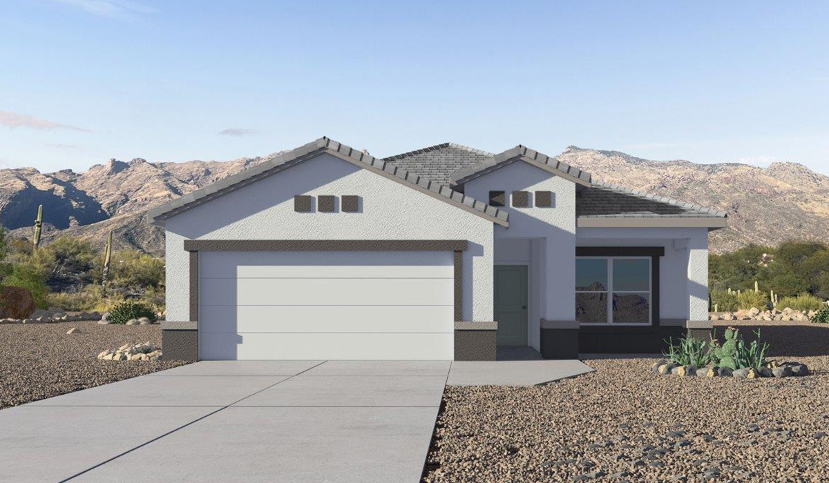 Step into The Baxter at Barnett Village, Marana, Arizona – a beautifully designed 1,423 sq. ft. single-story new home that seamlessly blends modern comfort with thoughtful functionality.  As you enter through the welcoming front porch, you're greeted by an inviting entryway that leads directly into the heart of the home – a spacious and open-concept great room. This area flows effortlessly into the dining space, creating an ideal setting for family gatherings and entertaining guests.  The gourmet kitchen, adjacent to the dining room, features elegant granite countertops, a large island with a breakfast bar, and a walk-in pantry. It’s a space where culinary creativity meets convenience, complete with modern appliances and plenty of storage.  Tucked away in the rear of the home is the master suite, offering privacy and comfort. The suite includes a generous walk-in closet and a luxurious en-suite bathroom with dual vanities and a walk-in shower. Large windows let in plenty of natural light, creating a serene retreat within the home.  Two additional bedrooms are located toward the front of the house, each with easy access to a full bathroom. These rooms are perfect for family, guests, or even a home office.  The Baxter also boasts a covered patio, perfect for enjoying Arizona’s beautiful desert evenings. Whether it’s morning coffee or evening relaxation, this outdoor space extends your living area into the serene landscape of Barnett Village.  With a two-car garage and energy-efficient features that include DOE Zero Energy Ready Home certification, The Baxter at Barnett Village offers not just a home, but a lifestyle that emphasizes comfort, sustainability, and convenience.