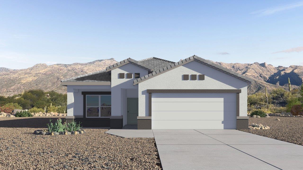 Step into The Baxter at Barnett Village, Marana, Arizona – a beautifully designed 1,423 sq. ft. single-story new home that seamlessly blends modern comfort with thoughtful functionality.  As you enter through the welcoming front porch, you're greeted by an inviting entryway that leads directly into the heart of the home – a spacious and open-concept great room. This area flows effortlessly into the dining space, creating an ideal setting for family gatherings and entertaining guests.  The gourmet kitchen, adjacent to the dining room, features elegant granite countertops, a large island with a breakfast bar, and a walk-in pantry. It’s a space where culinary creativity meets convenience, complete with modern appliances and plenty of storage.  Tucked away in the rear of the home is the master suite, offering privacy and comfort. The suite includes a generous walk-in closet and a luxurious en-suite bathroom with dual vanities and a walk-in shower. Large windows let in plenty of natural light, creating a serene retreat within the home.  Two additional bedrooms are located toward the front of the house, each with easy access to a full bathroom. These rooms are perfect for family, guests, or even a home office.  The Baxter also boasts a covered patio, perfect for enjoying Arizona’s beautiful desert evenings. Whether it’s morning coffee or evening relaxation, this outdoor space extends your living area into the serene landscape of Barnett Village.  With a two-car garage and energy-efficient features that include DOE Zero Energy Ready Home certification, The Baxter at Barnett Village offers not just a home, but a lifestyle that emphasizes comfort, sustainability, and convenience.