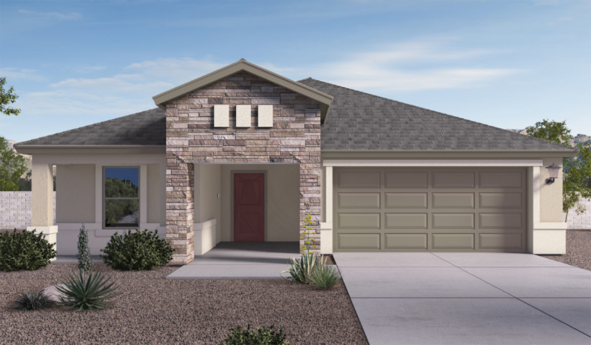 Elevation option D of The Denton at Barnett Village in Marana, Arizona – a spacious 1,615 sq. ft. single-story home designed to accommodate both comfort and convenience for modern living.  As you step through the front porch and into the welcoming entryway, you're immediately led into a thoughtfully designed space that maximizes every square foot. Near the front of the home, you’ll find two bedrooms and full bathroom.  Continuing through the home, you’ll enter the heart of The Denton – an expansive great room that seamlessly connects to the dining area and kitchen area. This open-concept space is perfect for entertaining or everyday family living, allowing for a fluid transition from cooking to dining to relaxation. The kitchen is equipped with sleek quartz countertops, modern appliances, a walk-in pantry, and an island that doubles as a breakfast bar, providing ample space for meal prep and casual dining.  Adjacent to the great room, you find the primary suite sanctuary with a large walk-in closet and an en-suite bathroom.   The Denton also includes a utility room that adds functionality and storage options to the home, as well as direct access to a two-car garage.  Step outside from the great room to the covered patio – a perfect spot to enjoy Arizona’s beautiful weather year-round, whether you’re sipping your morning coffee or hosting an evening barbecue.  Designed with energy efficiency in mind, The Dalton at Barnett Village is DOE Zero Energy Ready Home certified, ensuring long-term savings and a comfortable living environment.