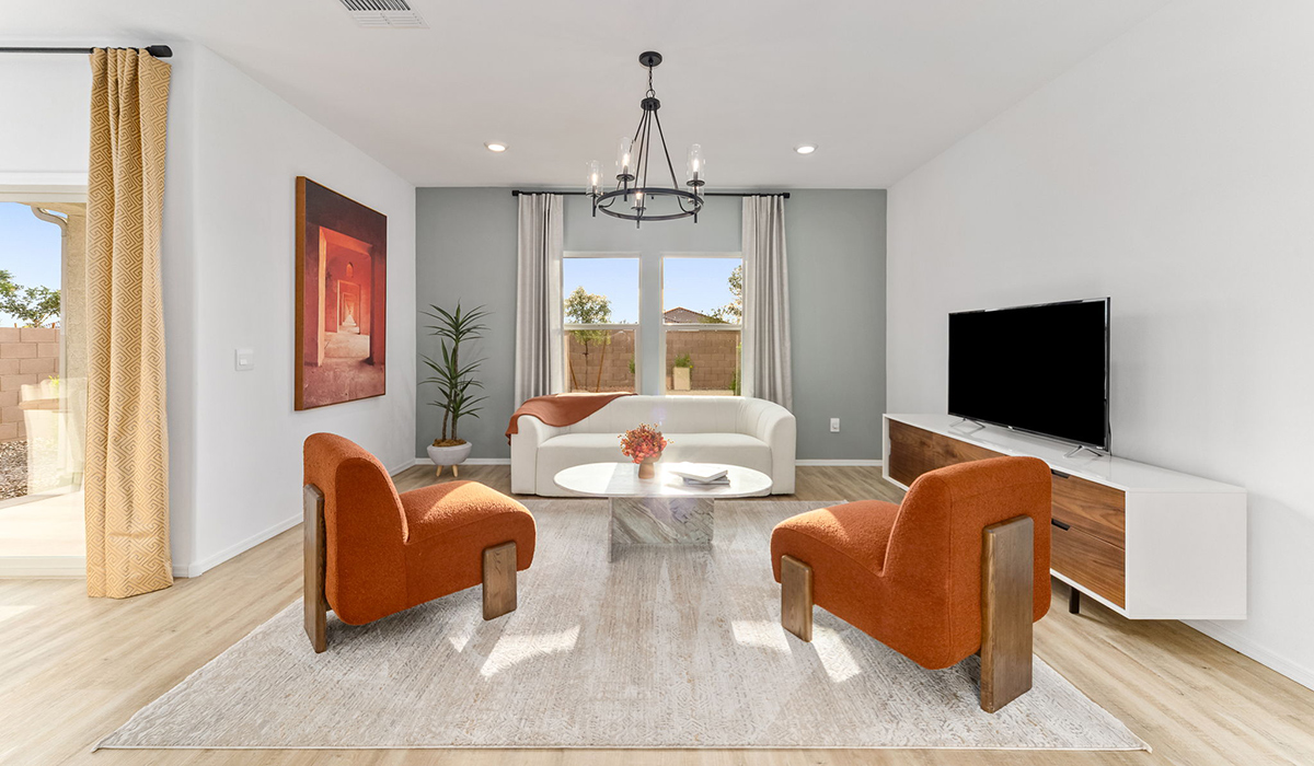 Step into The Cali at Barnett Village, Marana, Arizona – a perfect blend of comfort, modern living, and energy efficiency. This thoughtfully crafted one-story home spans 1,825 square feet and offers ample space featuring 4 bedrooms and 2 bathrooms, ideal for families of all sizes.  As you step through the front porch and into the welcoming entryway, you're immediately led into a thoughtfully designed space that maximizes every square foot. Near the entrance of the home you’ll find 2 bedrooms, ideal for guests or a home office, offering privacy and easy access to the main living areas.  Continuing through the home, you’ll enter the heart of The Cali – an expansive great room that seamlessly connects to the dining area and kitchen. This open-concept space is perfect for entertaining or everyday family living, allowing for a fluid transition from cooking to dining to relaxation. The kitchen is equipped with sleek quartz countertops, modern appliances, a pantry, and an island that doubles as a breakfast bar, providing ample space for meal prep and casual dining.  The primary bedroom, located at the rear of the home, provides a peaceful retreat with a private ensuite bathroom and a generous walk-in closet. The additional four bedrooms are positioned at the front of the house, offering versatility for use as guest rooms, a home office, or children’s bedrooms.  The Cali floor plan offers the option of an extended covered back patio. Whether it’s morning coffee or evening relaxation, this outdoor space extends your living area into the serene landscape of Barnett Village.  Explore The Cali at Barnett Village today and discover a community where you can truly thrive.  *Images shown are for reference only. They depict The Cali sales model home and may not represent the actual home.