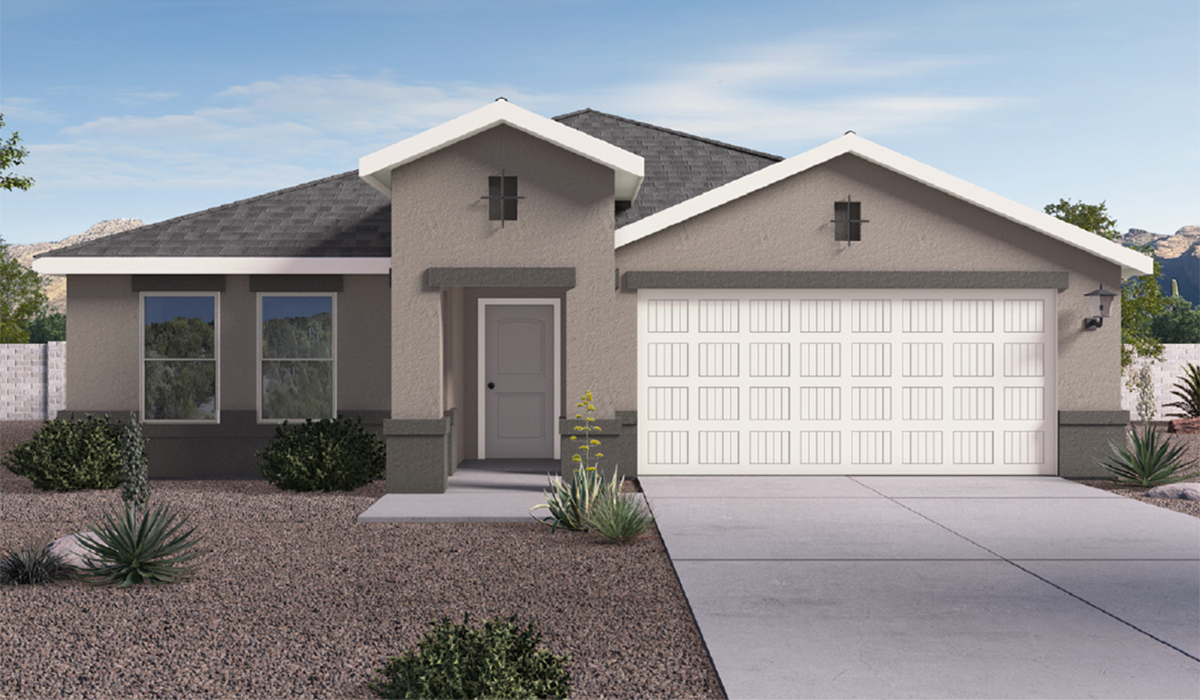 Elevation Option A of The Cali at Barnett Village, Marana, Arizona – a perfect blend of comfort, modern living, and energy efficiency. This thoughtfully crafted one-story home spans 1,825 square feet and offers ample space featuring 4 bedrooms and 2 bathrooms, ideal for families of all sizes.  As you step through the front porch and into the welcoming entryway, you're immediately led into a thoughtfully designed space that maximizes every square foot. Near the entrance of the home you’ll find 2 bedrooms, ideal for guests or a home office, offering privacy and easy access to the main living areas.  Continuing through the home, you’ll enter the heart of The Cali – an expansive great room that seamlessly connects to the dining area and kitchen. This open-concept space is perfect for entertaining or everyday family living, allowing for a fluid transition from cooking to dining to relaxation. The kitchen is equipped with sleek quartz countertops, modern appliances, a pantry, and an island that doubles as a breakfast bar, providing ample space for meal prep and casual dining.  The primary bedroom, located at the rear of the home, provides a peaceful retreat with a private ensuite bathroom and a generous walk-in closet. The additional four bedrooms are positioned at the front of the house, offering versatility for use as guest rooms, a home office, or children’s bedrooms.  The Cali floor plan offers the option of an extended covered back patio. Whether it’s morning coffee or evening relaxation, this outdoor space extends your living area into the serene landscape of Barnett Village.  Designed with energy efficiency in mind, The Cali at Barnett Village is DOE Zero Energy Ready Home certified, ensuring long-term savings and a comfortable living environment.