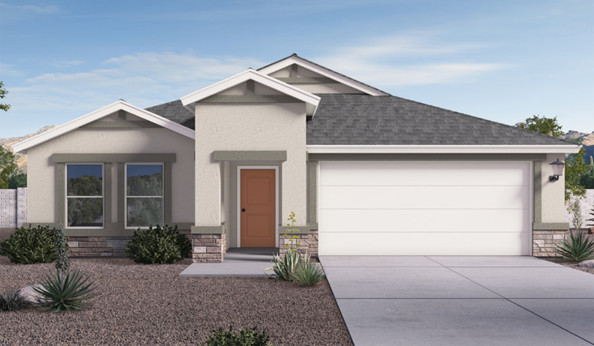 Elevation Option C of The Cali at Barnett Village, Marana, Arizona – a perfect blend of comfort, modern living, and energy efficiency. This thoughtfully crafted one-story home spans 1,825 square feet and offers ample space featuring 4 bedrooms and 2 bathrooms, ideal for families of all sizes.  As you step through the front porch and into the welcoming entryway, you're immediately led into a thoughtfully designed space that maximizes every square foot. Near the entrance of the home you’ll find 2 bedrooms, ideal for guests or a home office, offering privacy and easy access to the main living areas.  Continuing through the home, you’ll enter the heart of The Cali – an expansive great room that seamlessly connects to the dining area and kitchen. This open-concept space is perfect for entertaining or everyday family living, allowing for a fluid transition from cooking to dining to relaxation. The kitchen is equipped with sleek quartz countertops, modern appliances, a pantry, and an island that doubles as a breakfast bar, providing ample space for meal prep and casual dining.  The primary bedroom, located at the rear of the home, provides a peaceful retreat with a private ensuite bathroom and a generous walk-in closet. The additional four bedrooms are positioned at the front of the house, offering versatility for use as guest rooms, a home office, or children’s bedrooms.  The Cali floor plan offers the option of an extended covered back patio. Whether it’s morning coffee or evening relaxation, this outdoor space extends your living area into the serene landscape of Barnett Village.  Designed with energy efficiency in mind, The Cali at Barnett Village is DOE Zero Energy Ready Home certified, ensuring long-term savings and a comfortable living environment.