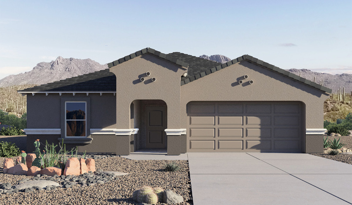 Step into The Kingston at Barnett Village, Marana, Arizona – a perfect blend of comfort, modern living, and energy efficiency. This thoughtfully crafted one-story home spans 2,068 square feet and offers four bedrooms and two bathrooms, ideal for families of all sizes.  The open-concept design features a spacious great room that effortlessly connects with the kitchen and dining area, creating an inviting central hub for everyday living and entertaining. The kitchen is equipped with contemporary appliances and a pantry, offering ample storage and convenience for meal preparation.  The primary bedroom, located at the rear of the home, provides a peaceful retreat with a private ensuite bathroom and a generous walk-in closet. The additional three bedrooms are positioned at the front of the house, offering versatility for use as guest rooms, a home office, or children’s bedrooms. Step outside to the covered patio, a perfect spot to enjoy the beautiful Arizona weather, whether for morning coffee or evening relaxation.  The Kingston also boasts a covered patio, perfect for enjoying Arizona’s beautiful desert evenings. Whether it’s morning coffee or evening relaxation, this outdoor space extends your living area into the serene landscape of Barnett Village.  Built with energy efficiency as a priority, the Kingston includes smart home technology, which not only simplifies daily living but also helps reduce utility costs. A two-car garage provides ample parking and additional storage space, enhancing the home’s functionality.  *Images shown are for reference only. They depict The Kingston sales model home and may not represent the actual home.