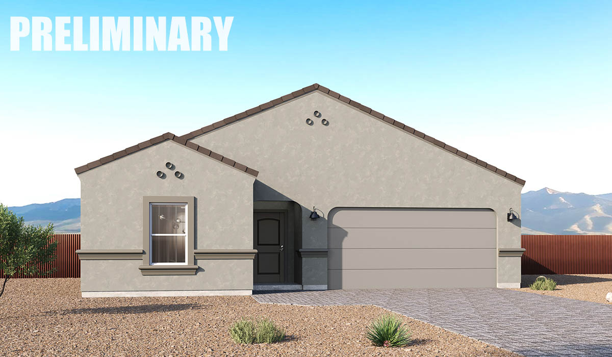 Introducing the Thomas — a thoughtfully designed new floor plan at Solterra by D.R. Horton in Green Valley. Offering 1,796 square feet of well-balanced living space, the Thomas is ideal for those seeking a home that feels both comfortable and highly functional.  Step inside through the welcoming entryway and discover an open-concept layout designed to make the most of every square foot. The expansive great room anchors the home and flows seamlessly into the dining area and kitchen, creating an inviting space for everyday living and entertaining. The kitchen features a spacious center island, quartz countertops, Shaker-style cabinetry, and a dedicated pantry, combining modern style with practical storage solutions.  The Thomas is available in two- and three-bedroom configurations, offering flexibility to meet a variety of lifestyle needs. The primary suite is thoughtfully located at the rear of the home for added privacy and includes a walk-in closet and a well-appointed en-suite bathroom. Near the front of the home, a guest bedroom and study share convenient access to a full bathroom, creating a functional layout for guests, work-from-home needs, or additional living space.  Designed with comfort and efficiency in mind, the Thomas includes a utility room conveniently located near the kitchen and garage, providing easy access to the laundry area and additional storage. A covered back patio extends the living space outdoors—perfect for relaxing and enjoying Green Valley’s beautiful year-round weather.  Homes at Solterra feature elegant, modern interiors paired with distinctive exterior details, including Spanish lace stucco, landscaped front yards with auto drip irrigation, and fully fenced backyards. Covered front porches and back patios offer ideal spaces to unwind and take in Green Valley’s breathtaking sunsets. Inside, D.R. Horton’s Home is Connected® Smart Home package brings modern convenience to everyday living with a smart thermostat, video doorbell, keyless entry, and a Wi-Fi–enabled garage door opener.  Outdoor enthusiasts will enjoy easy access to scenic neighborhood parks, Colossal Cave Mountain Park, and an extensive network of walking and biking trails throughout Green Valley—making the Thomas a perfect blend of comfort, style, and lifestyle-driven design.