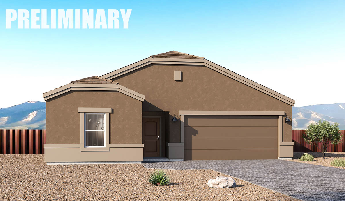 Introducing the Thomas — a thoughtfully designed new floor plan at Solterra by D.R. Horton in Green Valley. Offering 1,796 square feet of well-balanced living space, the Thomas is ideal for those seeking a home that feels both comfortable and highly functional.  Step inside through the welcoming entryway and discover an open-concept layout designed to make the most of every square foot. The expansive great room anchors the home and flows seamlessly into the dining area and kitchen, creating an inviting space for everyday living and entertaining. The kitchen features a spacious center island, quartz countertops, Shaker-style cabinetry, and a dedicated pantry, combining modern style with practical storage solutions.  The Thomas is available in two- and three-bedroom configurations, offering flexibility to meet a variety of lifestyle needs. The primary suite is thoughtfully located at the rear of the home for added privacy and includes a walk-in closet and a well-appointed en-suite bathroom. Near the front of the home, a guest bedroom and study share convenient access to a full bathroom, creating a functional layout for guests, work-from-home needs, or additional living space.  Designed with comfort and efficiency in mind, the Thomas includes a utility room conveniently located near the kitchen and garage, providing easy access to the laundry area and additional storage. A covered back patio extends the living space outdoors—perfect for relaxing and enjoying Green Valley’s beautiful year-round weather.  Homes at Solterra feature elegant, modern interiors paired with distinctive exterior details, including Spanish lace stucco, landscaped front yards with auto drip irrigation, and fully fenced backyards. Covered front porches and back patios offer ideal spaces to unwind and take in Green Valley’s breathtaking sunsets. Inside, D.R. Horton’s Home is Connected® Smart Home package brings modern convenience to everyday living with a smart thermostat, video doorbell, keyless entry, and a Wi-Fi–enabled garage door opener.  Outdoor enthusiasts will enjoy easy access to scenic neighborhood parks, Colossal Cave Mountain Park, and an extensive network of walking and biking trails throughout Green Valley—making the Thomas a perfect blend of comfort, style, and lifestyle-driven design.