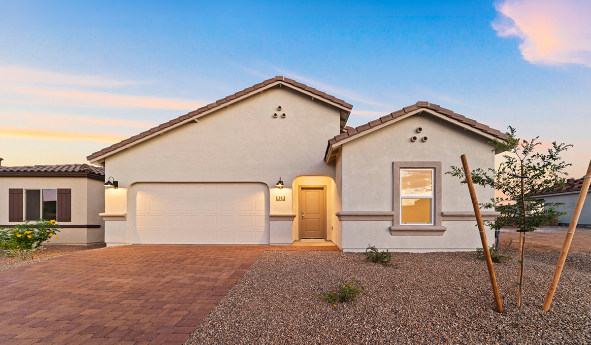 Introducing the York — a thoughtfully designed new floor plan at Solterra by D.R. Horton in Green Valley. Offering 1,863 square feet of well-planned living space, the York is ideal for those seeking a home that balances comfort, flexibility, and modern design.  Step inside through the welcoming entryway and experience an open-concept layout that maximizes every square foot. The expansive great room serves as the heart of the home, flowing seamlessly into the dining area and kitchen, perfect for both everyday living and entertaining. The kitchen features a spacious center island, quartz countertops, Shaker-style cabinetry, and a dedicated pantry, delivering a clean, modern aesthetic with ample storage for all your culinary essentials.  The York is available in two- and three-bedroom configurations, offering flexibility to meet a variety of lifestyle needs. The primary suite is thoughtfully located at the rear of the home for added privacy and includes a linen closet, walk-in closet, and a well-appointed ensuite bathroom. Near the front of the home is a powder room, guest bedroom with walk-in closet and ensuite bathroom, and study that creates a functional layout for guests, work-from-home needs, or additional living space.  Designed with both comfort and practicality in mind, the York includes a utility room conveniently located near the kitchen and garage, providing easy access to the laundry area and additional storage. A covered back patio extends the living space outdoors—ideal for relaxing and enjoying Green Valley’s beautiful year-round weather.  Homes at Solterra feature elegant, modern interiors paired with distinctive exterior details, including sand finish texture stucco, landscaped front yards with auto drip irrigation, and fully fenced backyards. Covered back patios offer inviting spaces to unwind and take in Green Valley’s breathtaking sunsets. Inside, D.R. Horton’s Home is Connected® Smart Home package enhances everyday living with a smart thermostat, video doorbell, keyless entry, and a Wi-Fi–enabled garage door opener.  Outdoor enthusiasts will appreciate the close proximity to scenic neighborhood parks, Colossal Cave Mountain Park, and an extensive network of walking and biking trails throughout Green Valley—making the York a perfect blend of comfort, style, and lifestyle-driven design.