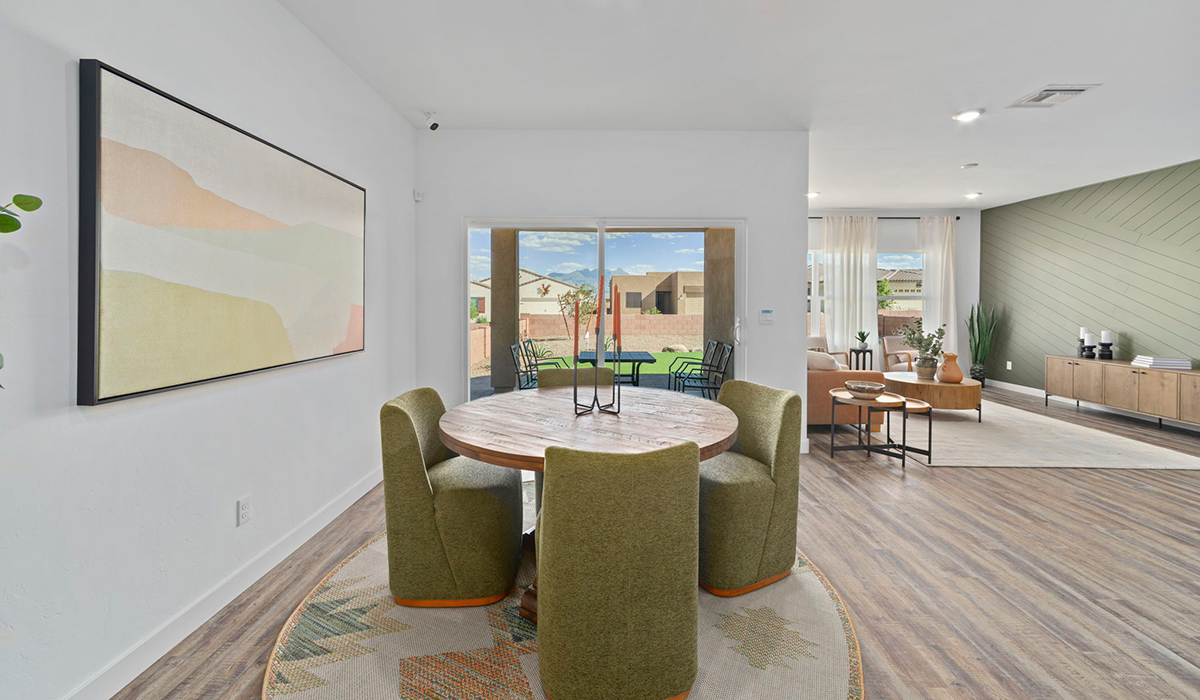 Introducing the York — a thoughtfully designed new floor plan at Solterra by D.R. Horton in Green Valley. Offering 1,863 square feet of well-planned living space, the York is ideal for those seeking a home that balances comfort, flexibility, and modern design.  Step inside through the welcoming entryway and experience an open-concept layout that maximizes every square foot. The expansive great room serves as the heart of the home, flowing seamlessly into the dining area and kitchen, perfect for both everyday living and entertaining. The kitchen features a spacious center island, quartz countertops, Shaker-style cabinetry, and a dedicated pantry, delivering a clean, modern aesthetic with ample storage for all your culinary essentials.  The York is available in two- and three-bedroom configurations, offering flexibility to meet a variety of lifestyle needs. The primary suite is thoughtfully located at the rear of the home for added privacy and includes a linen closet, walk-in closet, and a well-appointed ensuite bathroom. Near the front of the home is a powder room, guest bedroom with walk-in closet and ensuite bathroom, and study that creates a functional layout for guests, work-from-home needs, or additional living space.  Designed with both comfort and practicality in mind, the York includes a utility room conveniently located near the kitchen and garage, providing easy access to the laundry area and additional storage. A covered back patio extends the living space outdoors—ideal for relaxing and enjoying Green Valley’s beautiful year-round weather.  Homes at Solterra feature elegant, modern interiors paired with distinctive exterior details, including sand finish texture stucco, landscaped front yards with auto drip irrigation, and fully fenced backyards. Covered back patios offer inviting spaces to unwind and take in Green Valley’s breathtaking sunsets. Inside, D.R. Horton’s Home is Connected® Smart Home package enhances everyday living with a smart thermostat, video doorbell, keyless entry, and a Wi-Fi–enabled garage door opener.  Outdoor enthusiasts will appreciate the close proximity to scenic neighborhood parks, Colossal Cave Mountain Park, and an extensive network of walking and biking trails throughout Green Valley—making the York a perfect blend of comfort, style, and lifestyle-driven design.  *Images shown are for reference only. They depict the York model home and may not represent the actual home.